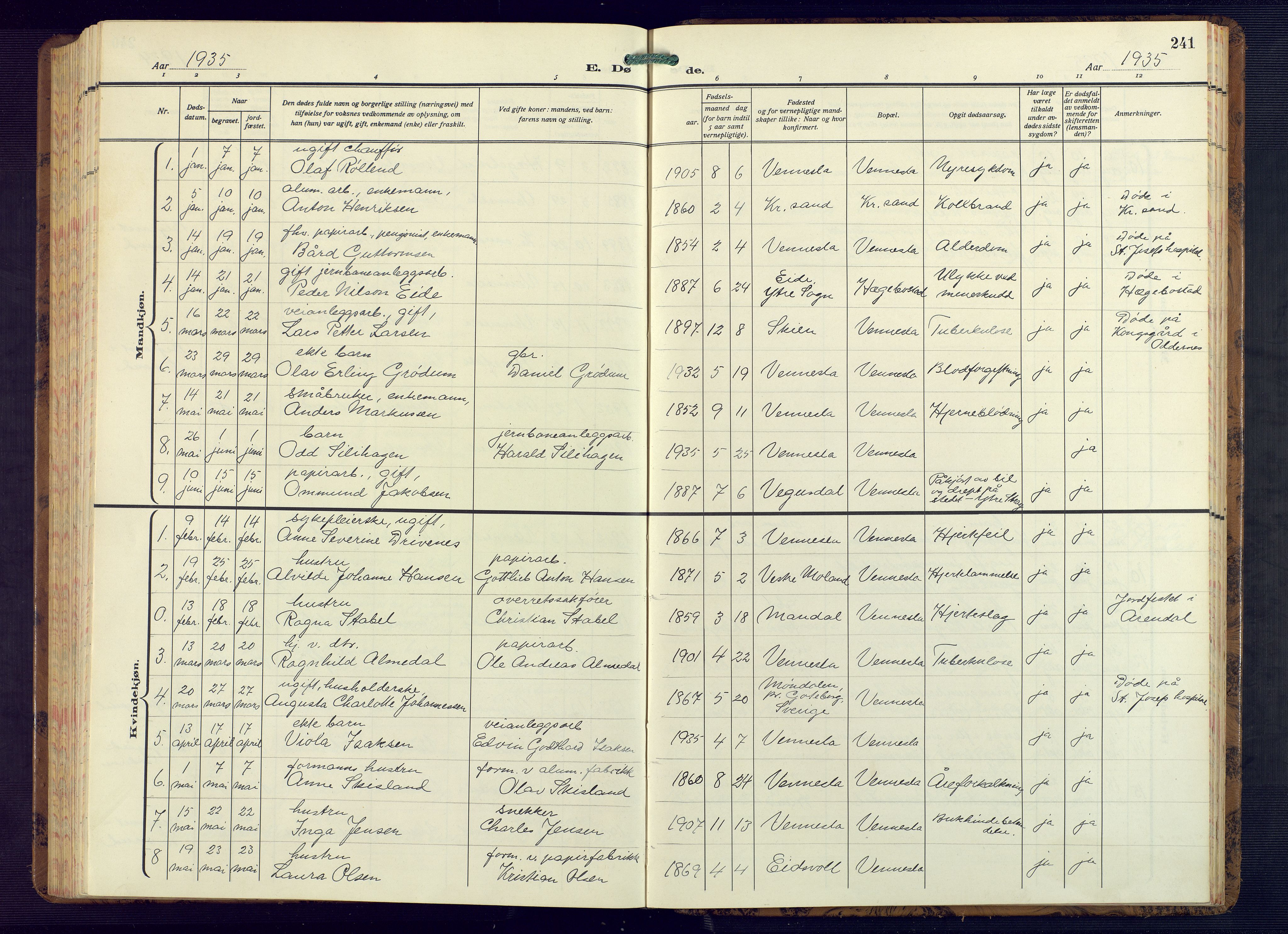 Vennesla sokneprestkontor, AV/SAK-1111-0045/Fb/Fbb/L0008: Parish register (copy) no. B 8, 1934-1947, p. 241