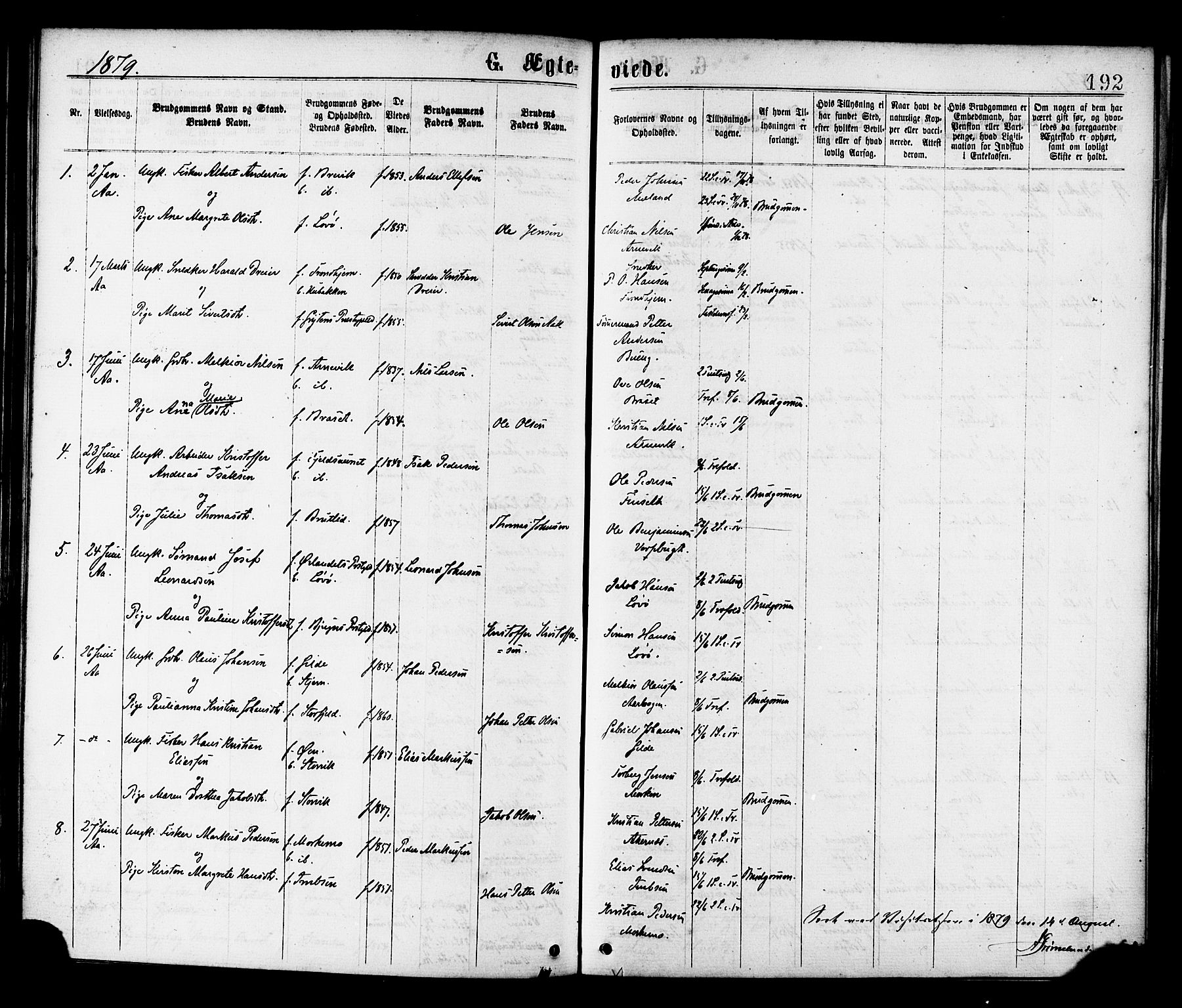 Ministerialprotokoller, klokkerbøker og fødselsregistre - Sør-Trøndelag, SAT/A-1456/655/L0679: Parish register (official) no. 655A08, 1873-1879, p. 192