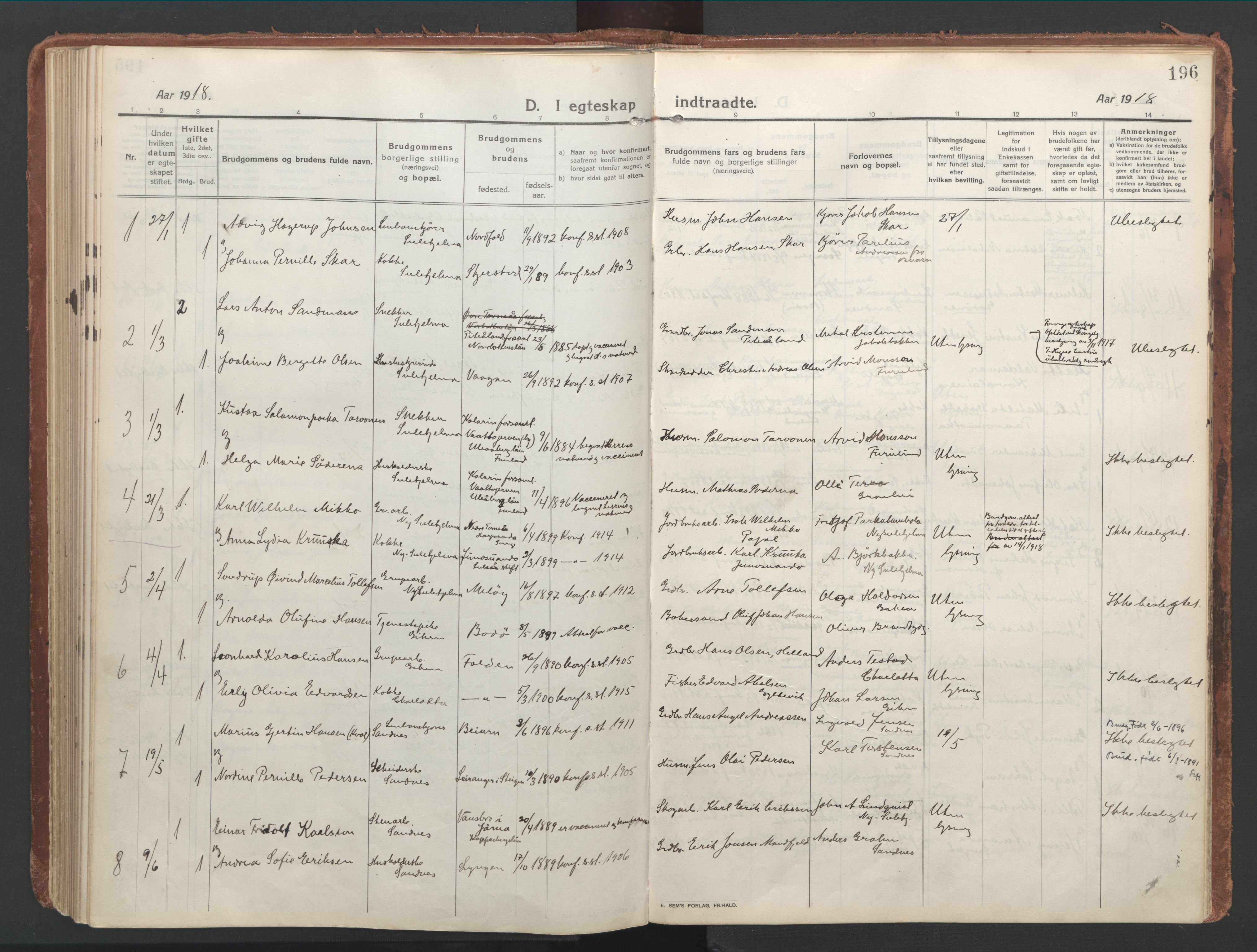 Ministerialprotokoller, klokkerbøker og fødselsregistre - Nordland, AV/SAT-A-1459/850/L0715: Curate's parish register no. 850B05, 1913-1924, p. 196