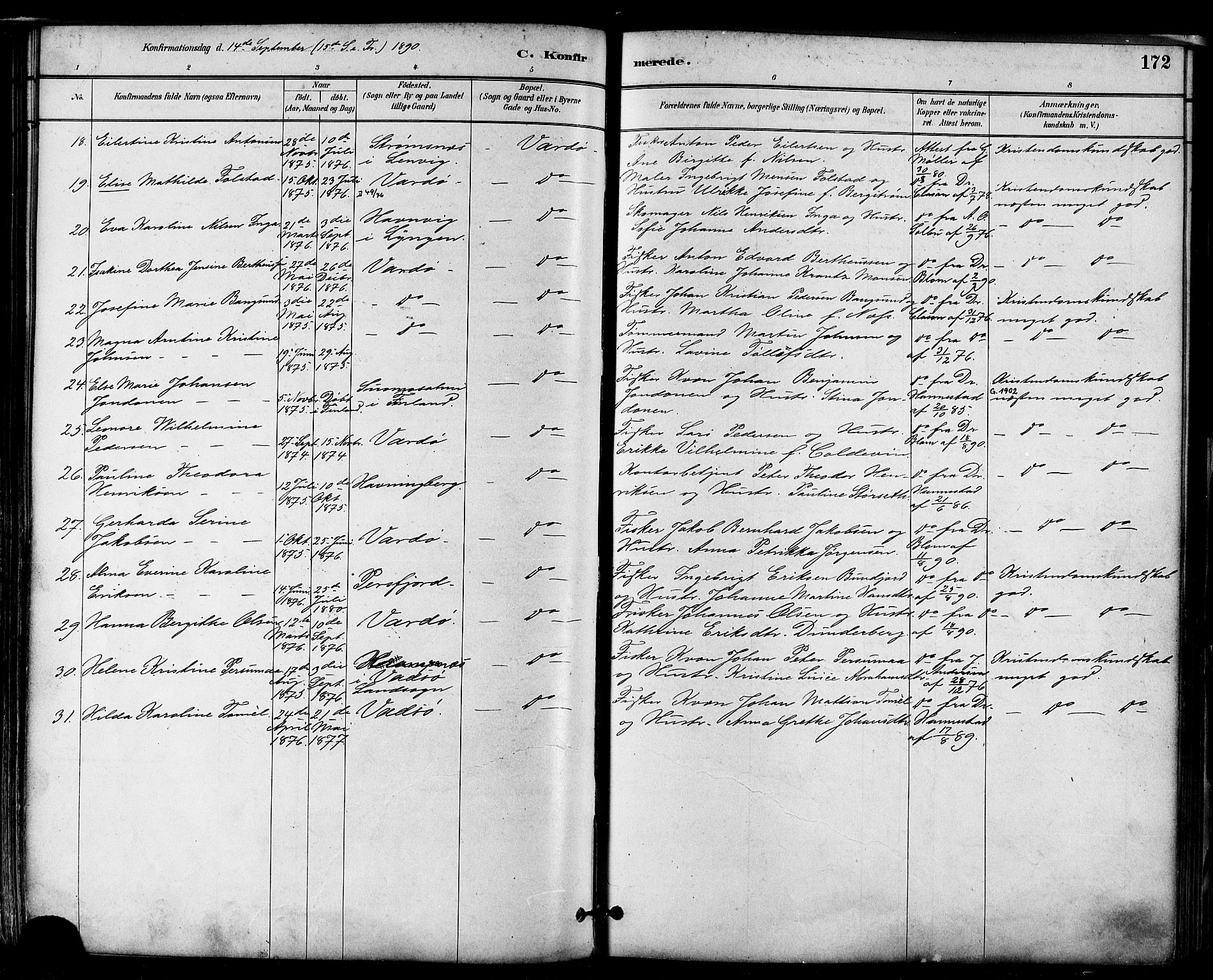 Vardø sokneprestkontor, SATØ/S-1332/H/Ha/L0007kirke: Parish register (official) no. 7, 1886-1897, p. 172