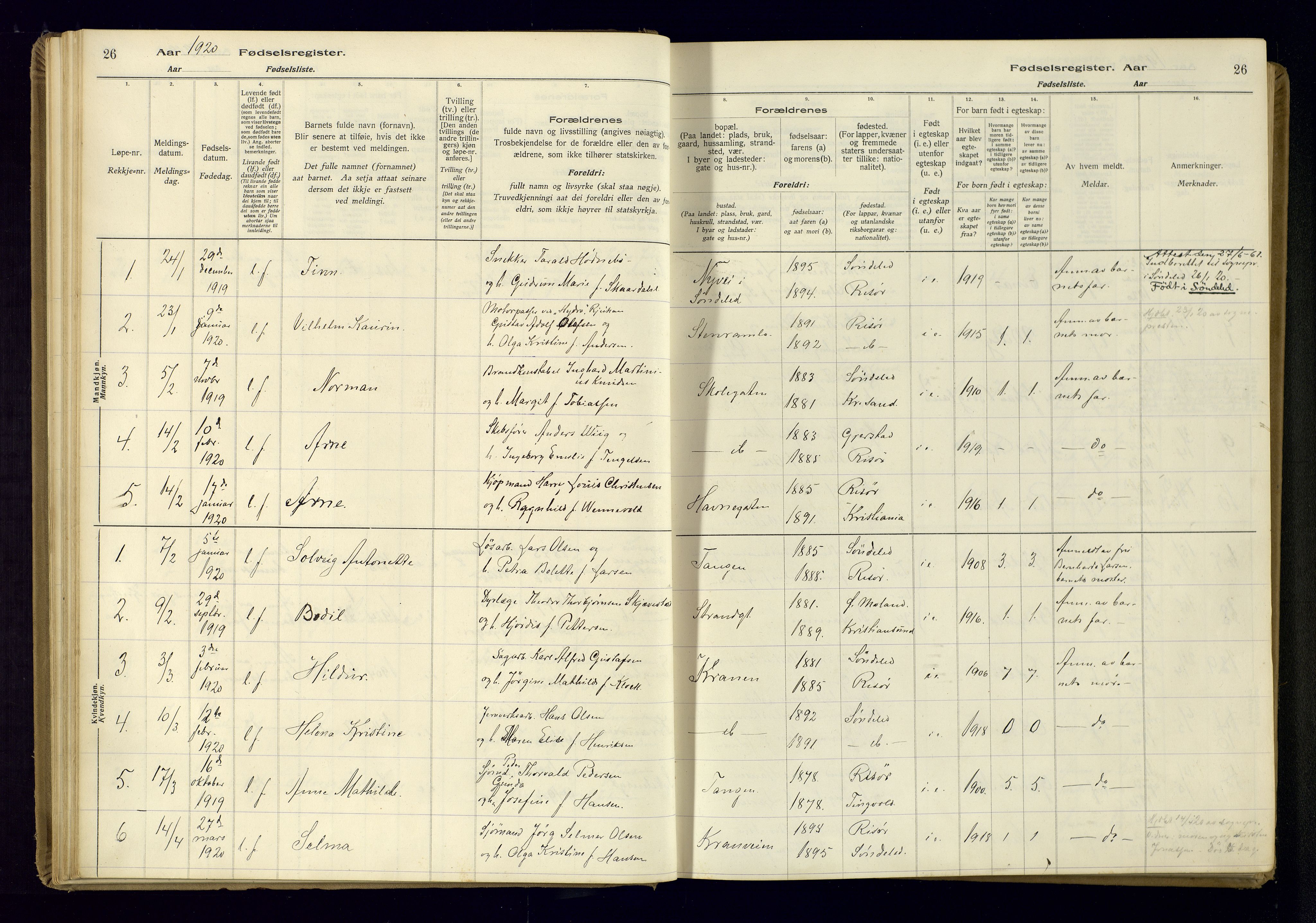 Risør sokneprestkontor, SAK/1111-0035/J/Ja/L0001: Birth register no. A-VI-13, 1916-1947, p. 26