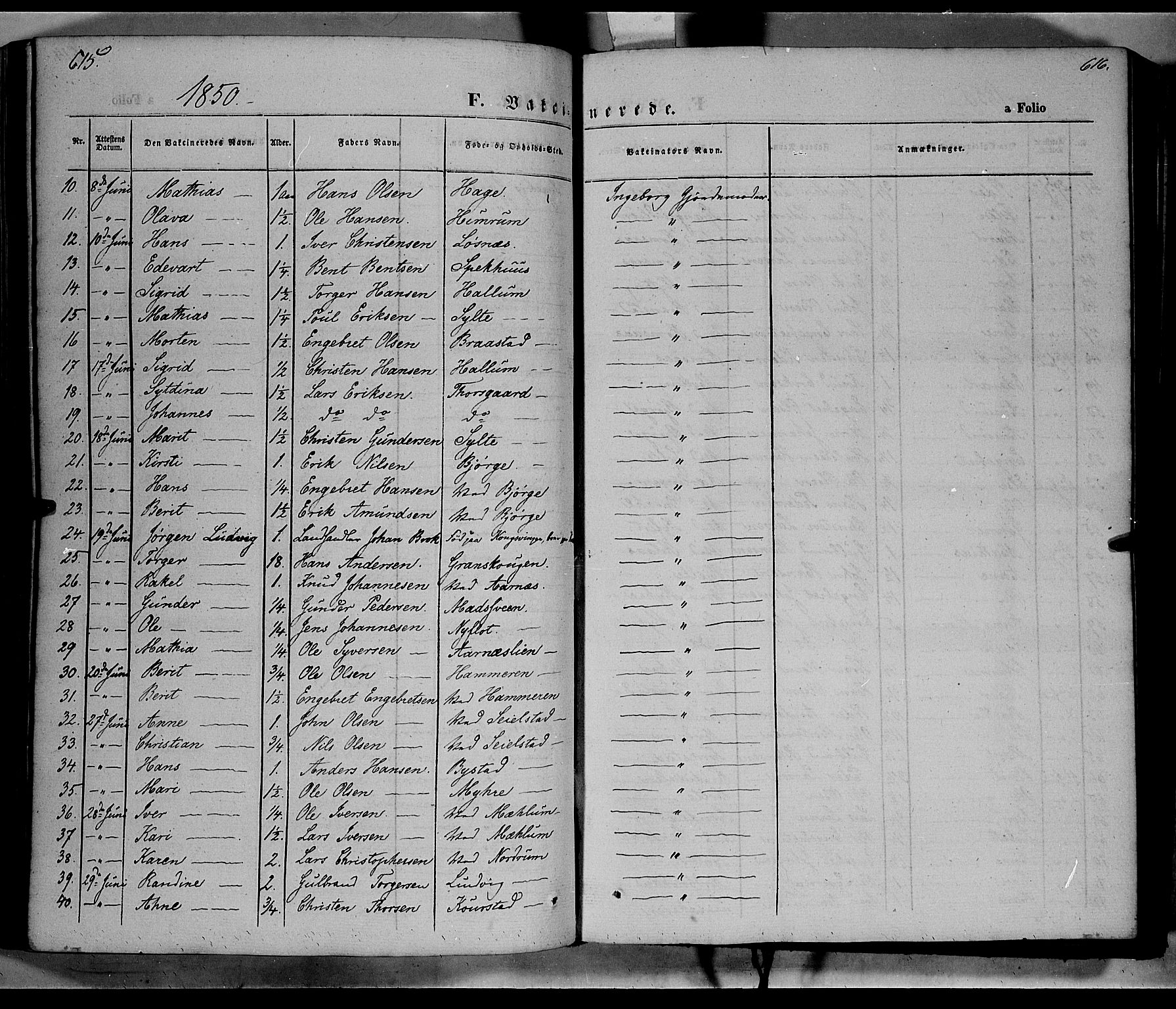 Ringebu prestekontor, SAH/PREST-082/H/Ha/Haa/L0006: Parish register (official) no. 6, 1848-1859, p. 615-616