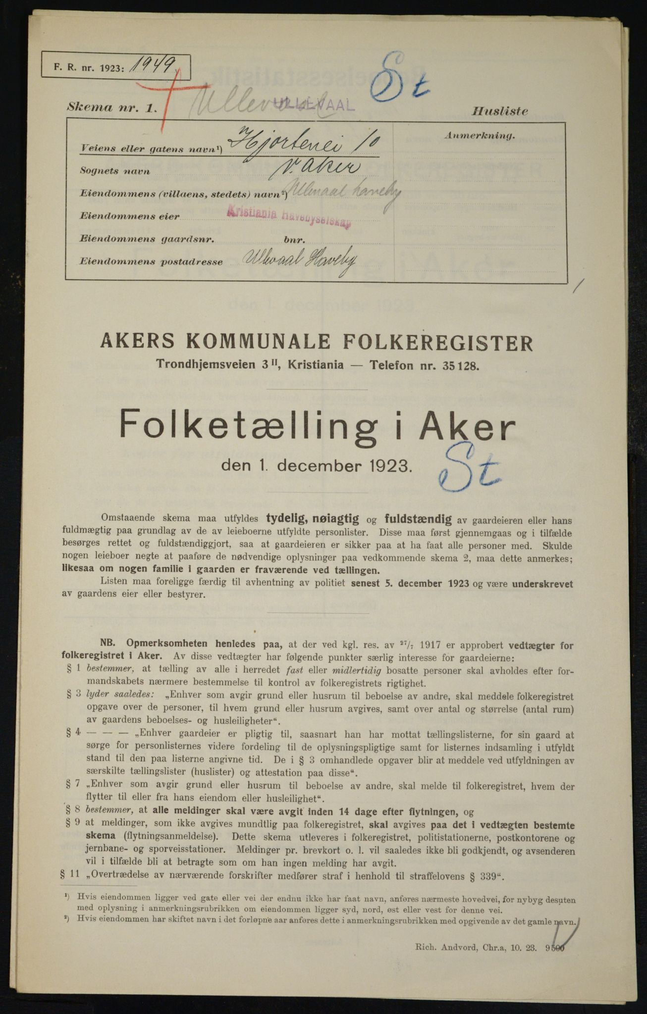 , Municipal Census 1923 for Aker, 1923, p. 20675