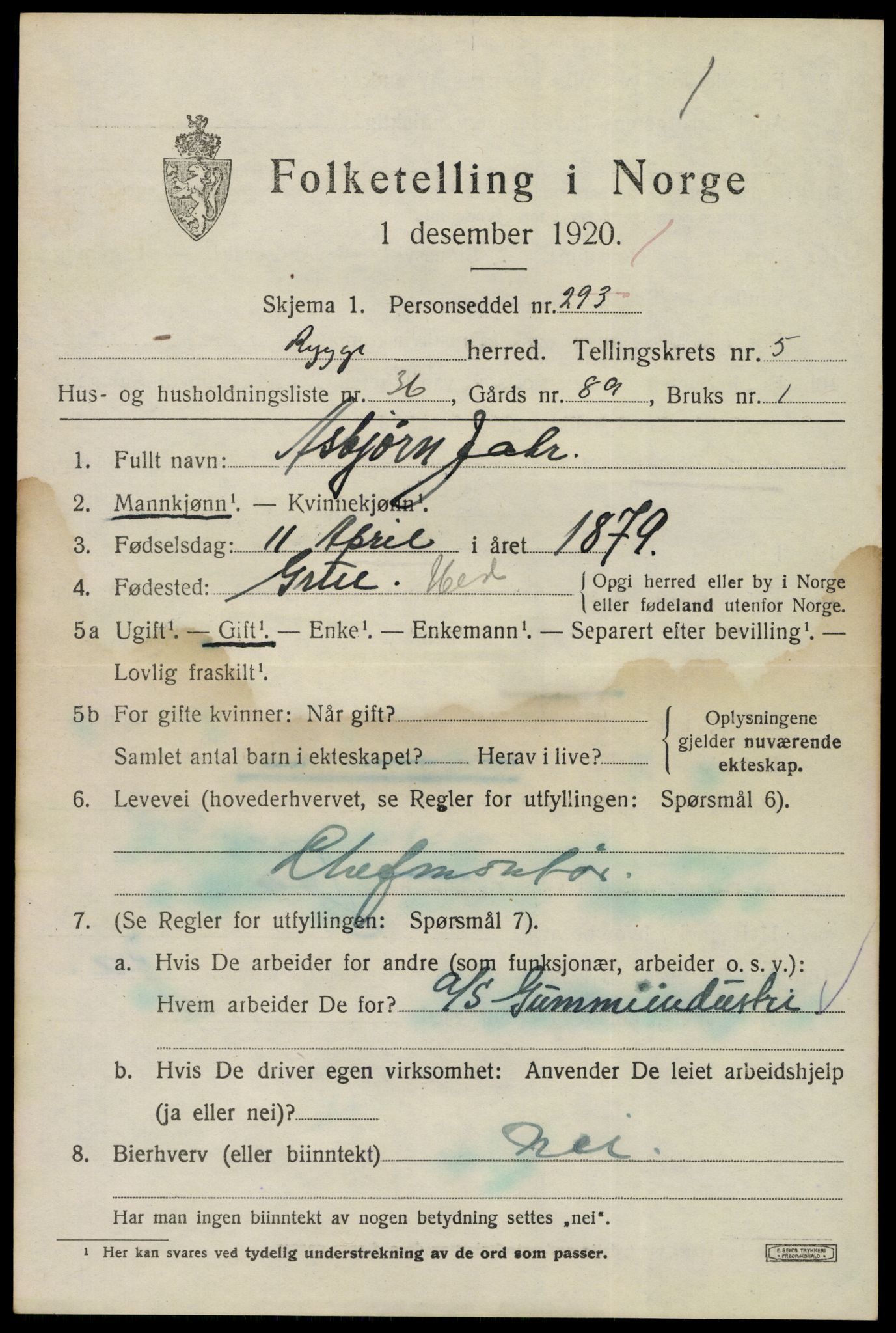 SAO, 1920 census for Rygge, 1920, p. 10171