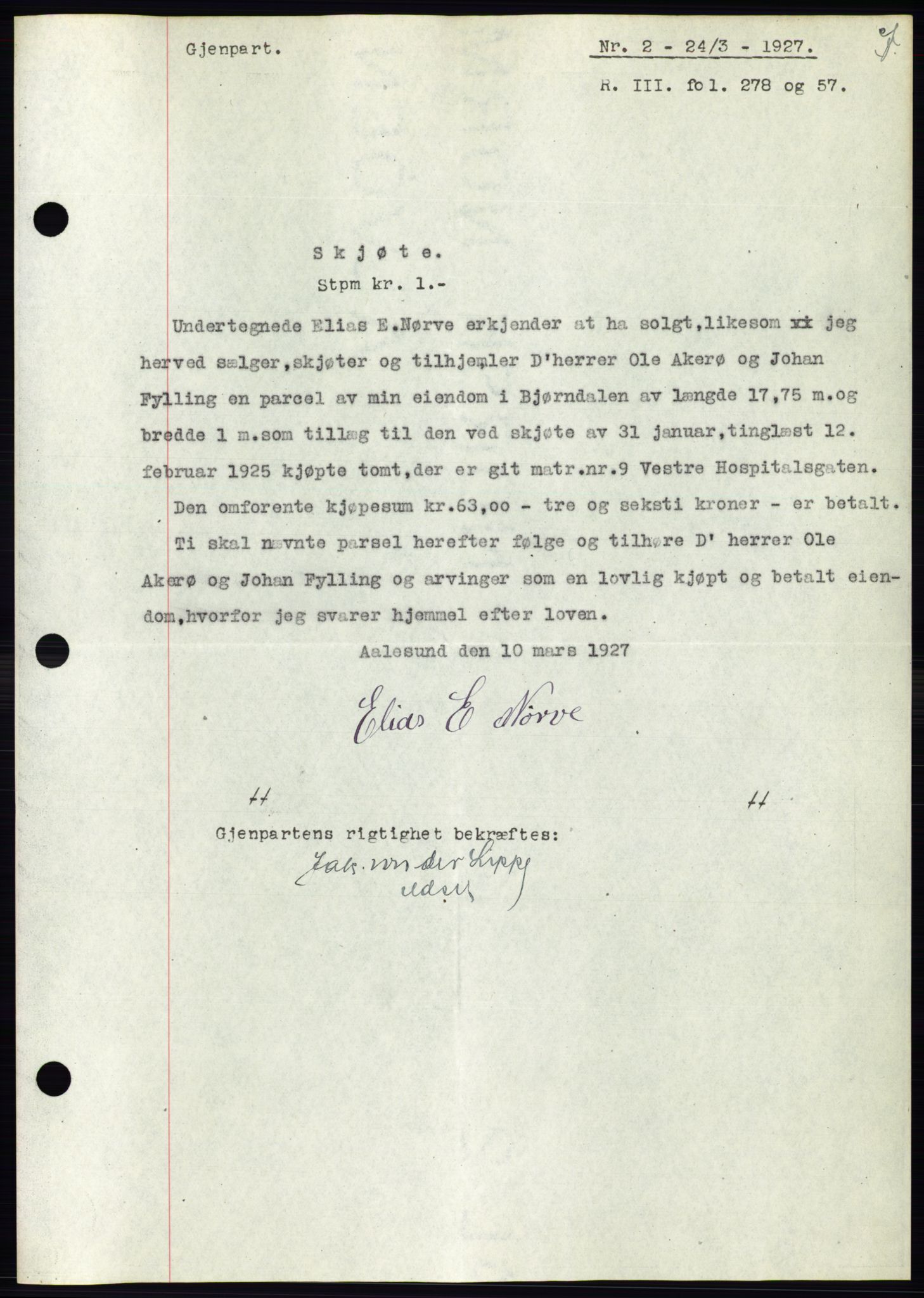 Ålesund byfogd, AV/SAT-A-4384: Mortgage book no. 21, 1926-1927, Deed date: 24.03.1927