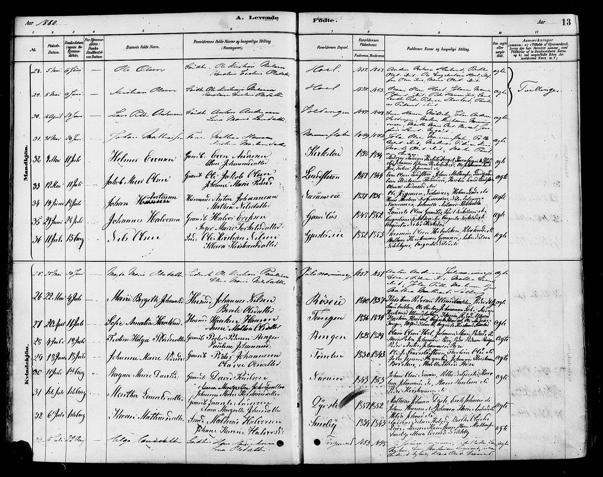 Vestre Toten prestekontor, AV/SAH-PREST-108/H/Ha/Haa/L0010: Parish register (official) no. 10, 1878-1894, p. 13