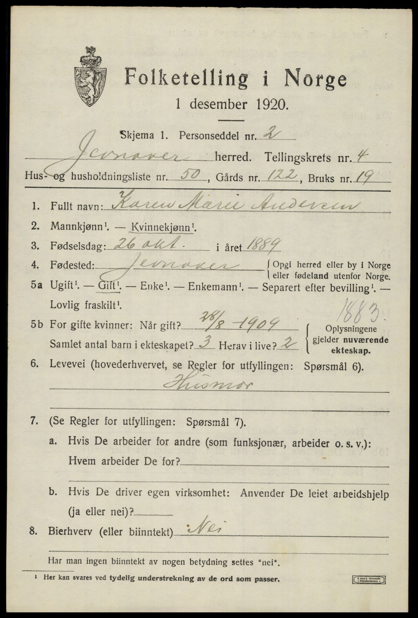 SAH, 1920 census for Jevnaker, 1920, p. 7077