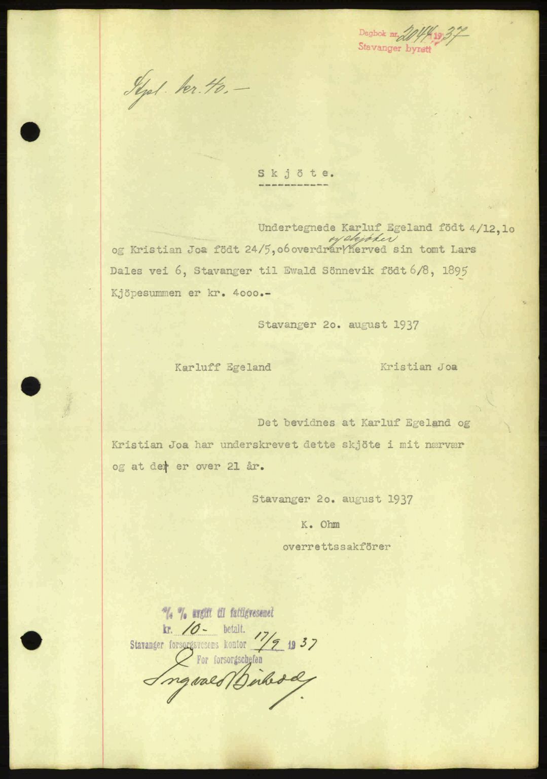 Stavanger byrett, SAST/A-100455/002/G/Gb/L0013: Mortgage book no. A3, 1937-1938, Diary no: : 2044/1937