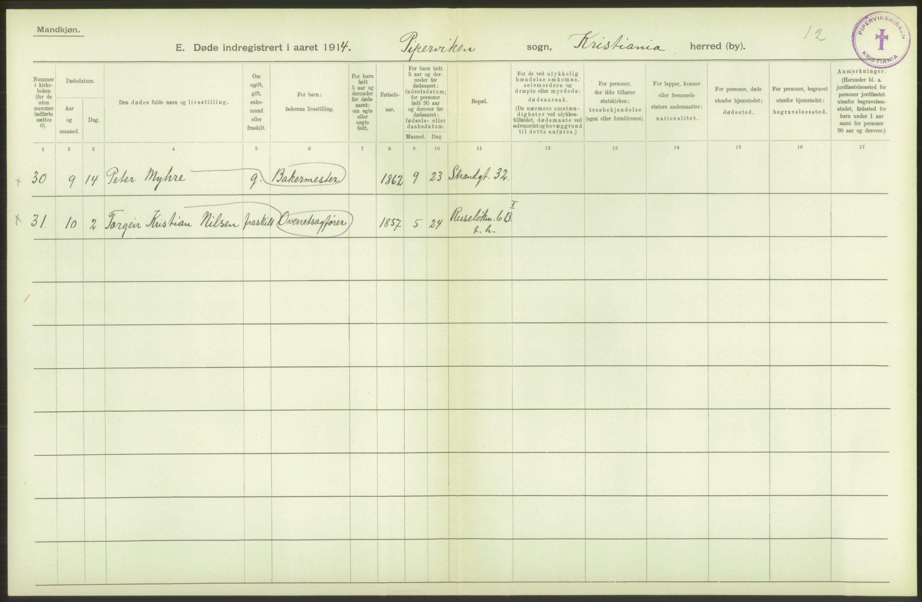 Statistisk sentralbyrå, Sosiodemografiske emner, Befolkning, AV/RA-S-2228/D/Df/Dfb/Dfbd/L0008: Kristiania: Døde, 1914, p. 46