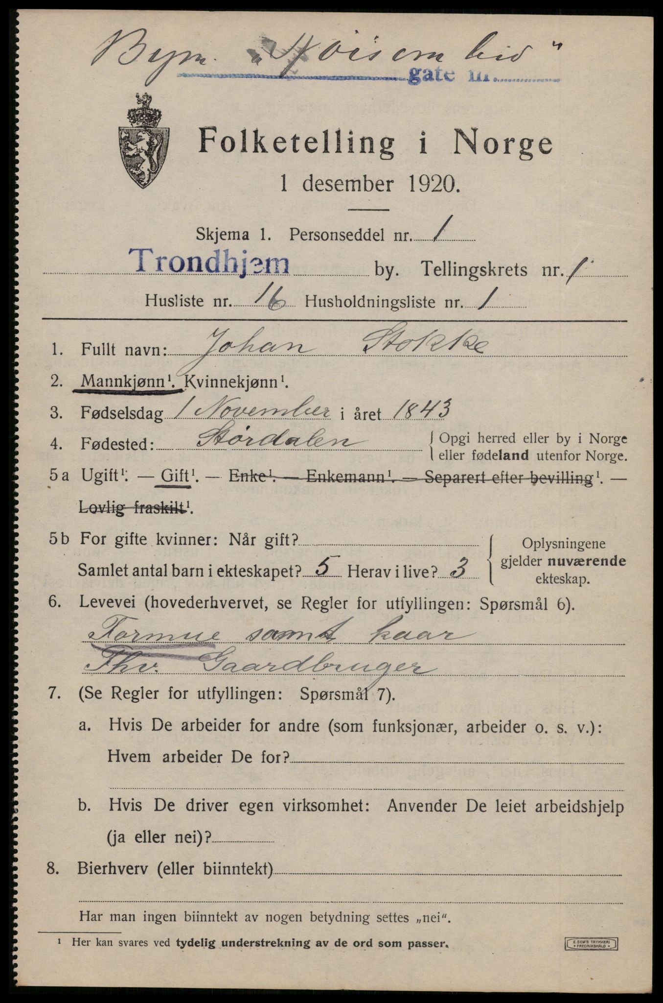 SAT, 1920 census for Trondheim, 1920, p. 32926