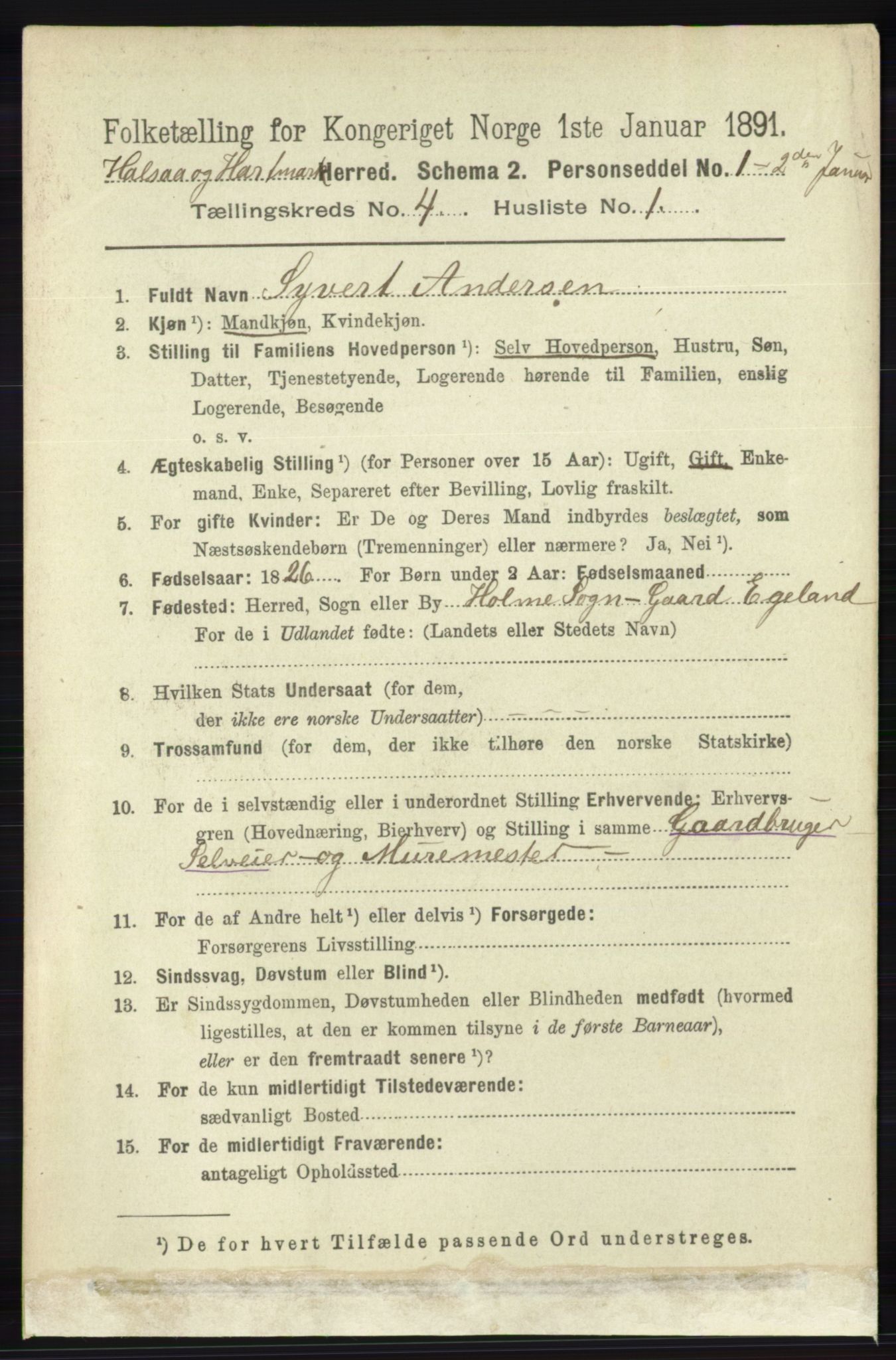 RA, 1891 census for 1019 Halse og Harkmark, 1891, p. 1492