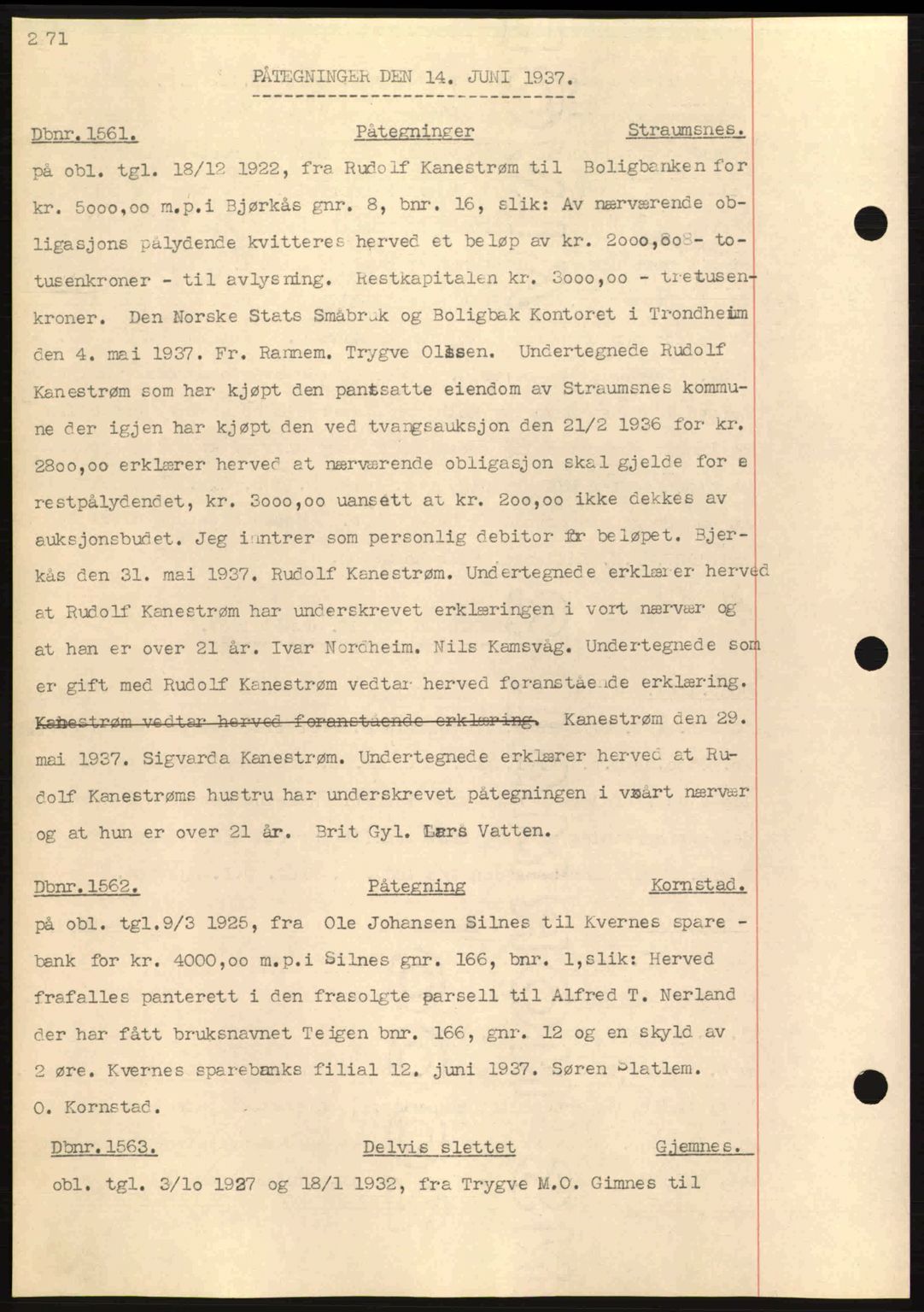 Nordmøre sorenskriveri, AV/SAT-A-4132/1/2/2Ca: Mortgage book no. C80, 1936-1939, Diary no: : 1561/1937