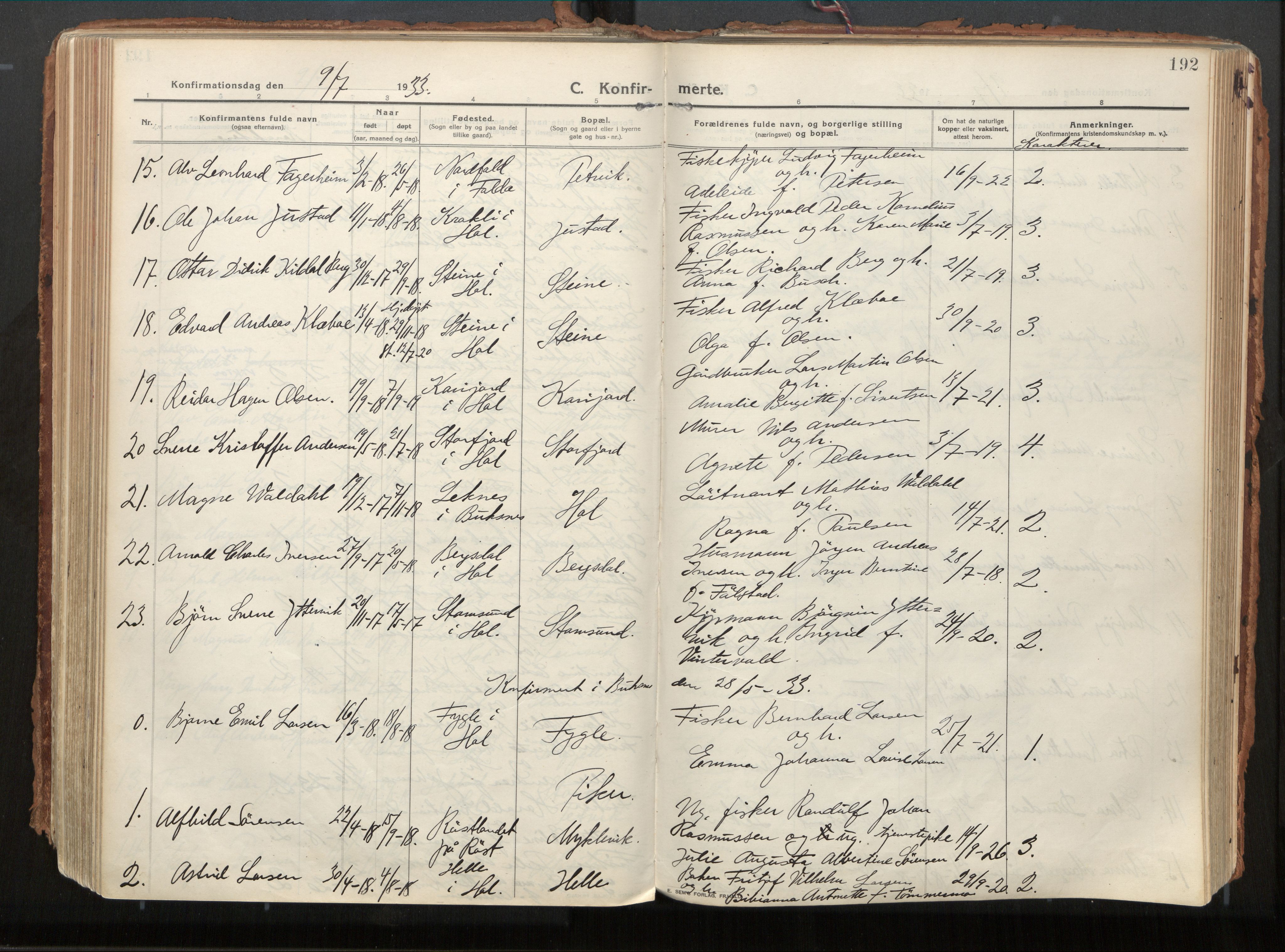 Ministerialprotokoller, klokkerbøker og fødselsregistre - Nordland, SAT/A-1459/882/L1181: Parish register (official) no. 882A03, 1913-1937, p. 192
