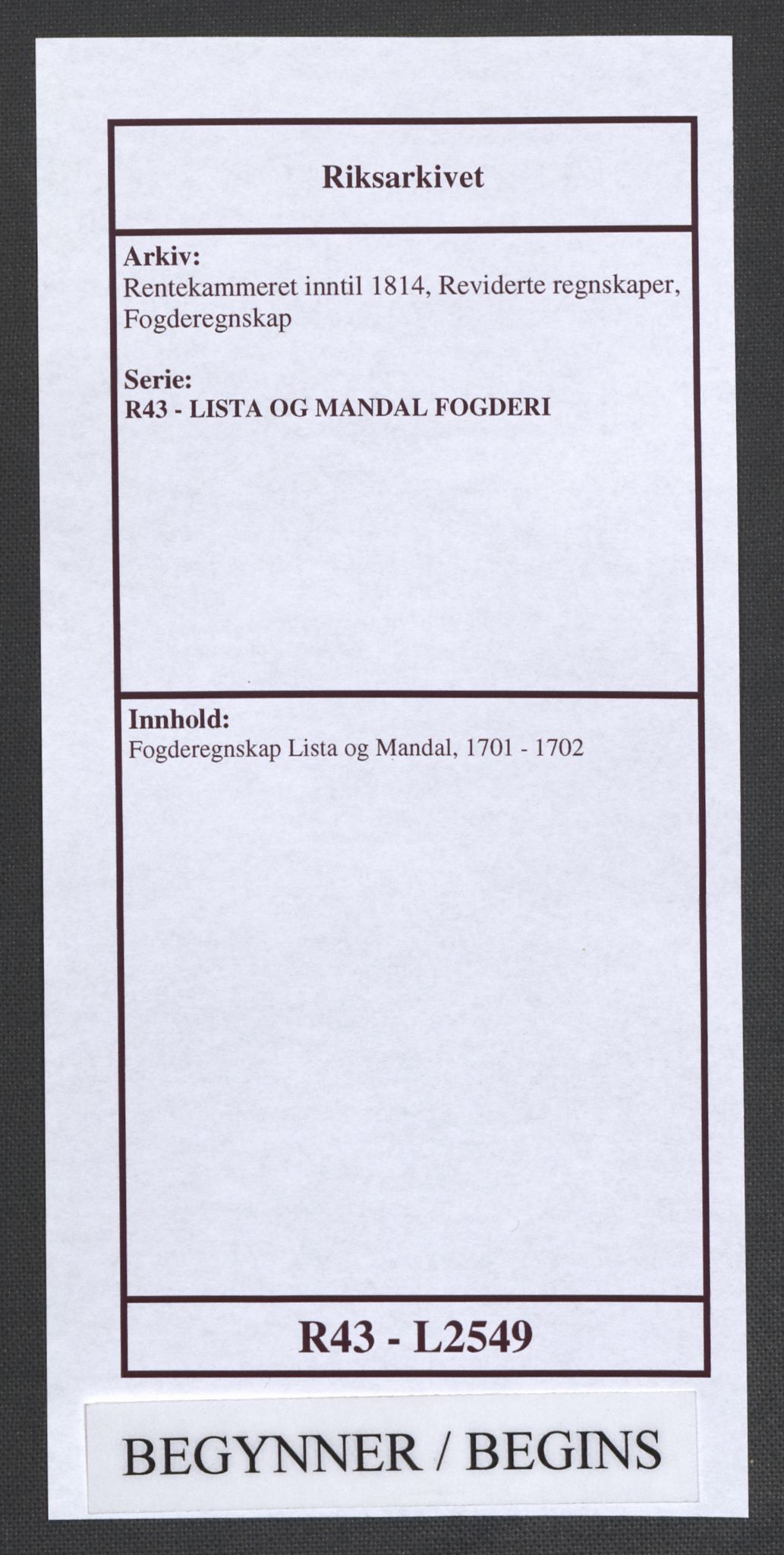 Rentekammeret inntil 1814, Reviderte regnskaper, Fogderegnskap, AV/RA-EA-4092/R43/L2549: Fogderegnskap Lista og Mandal, 1701-1702, p. 1