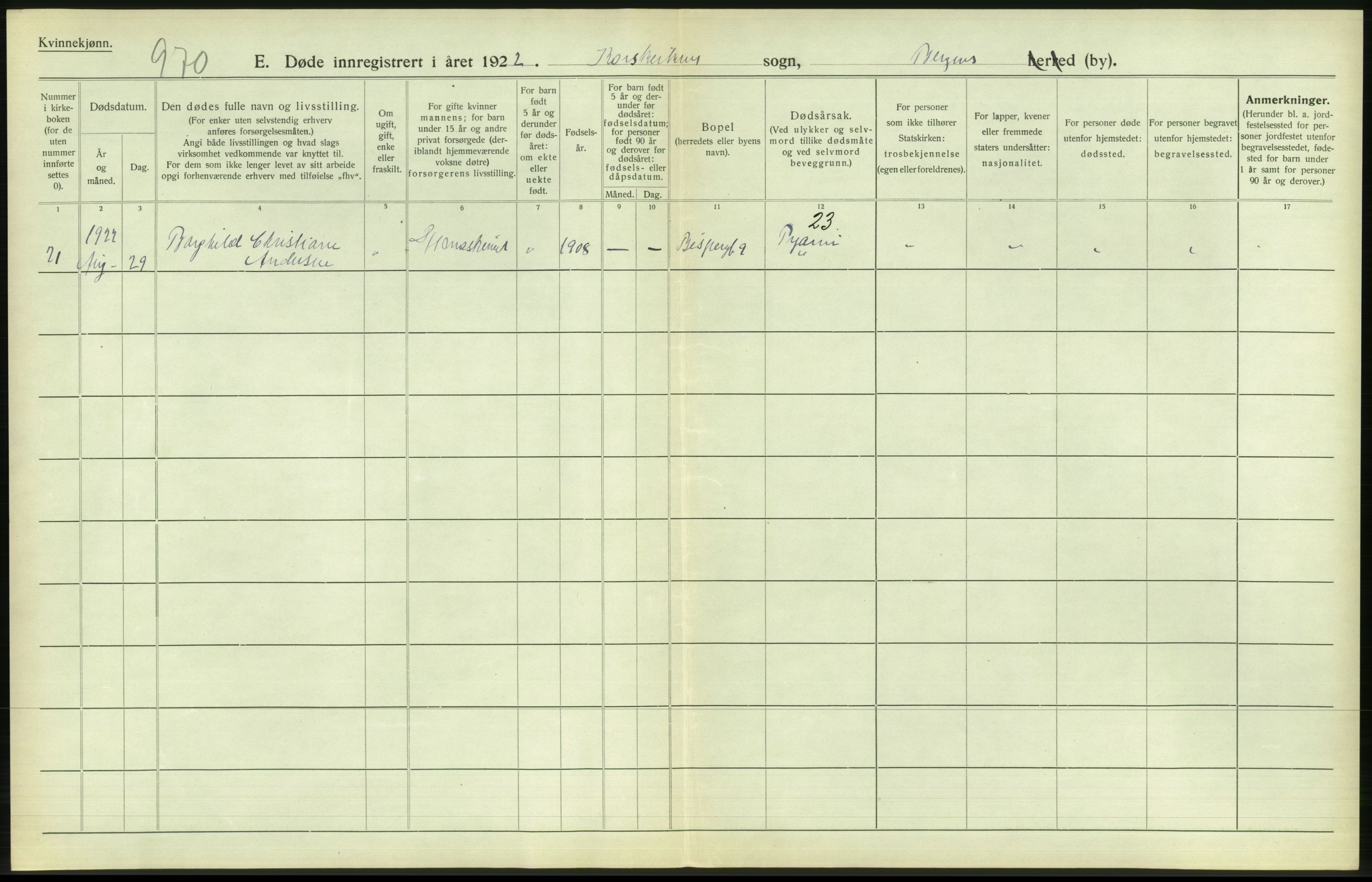 Statistisk sentralbyrå, Sosiodemografiske emner, Befolkning, AV/RA-S-2228/D/Df/Dfc/Dfcb/L0030: Bergen: Gifte, døde, dødfødte., 1922, p. 704