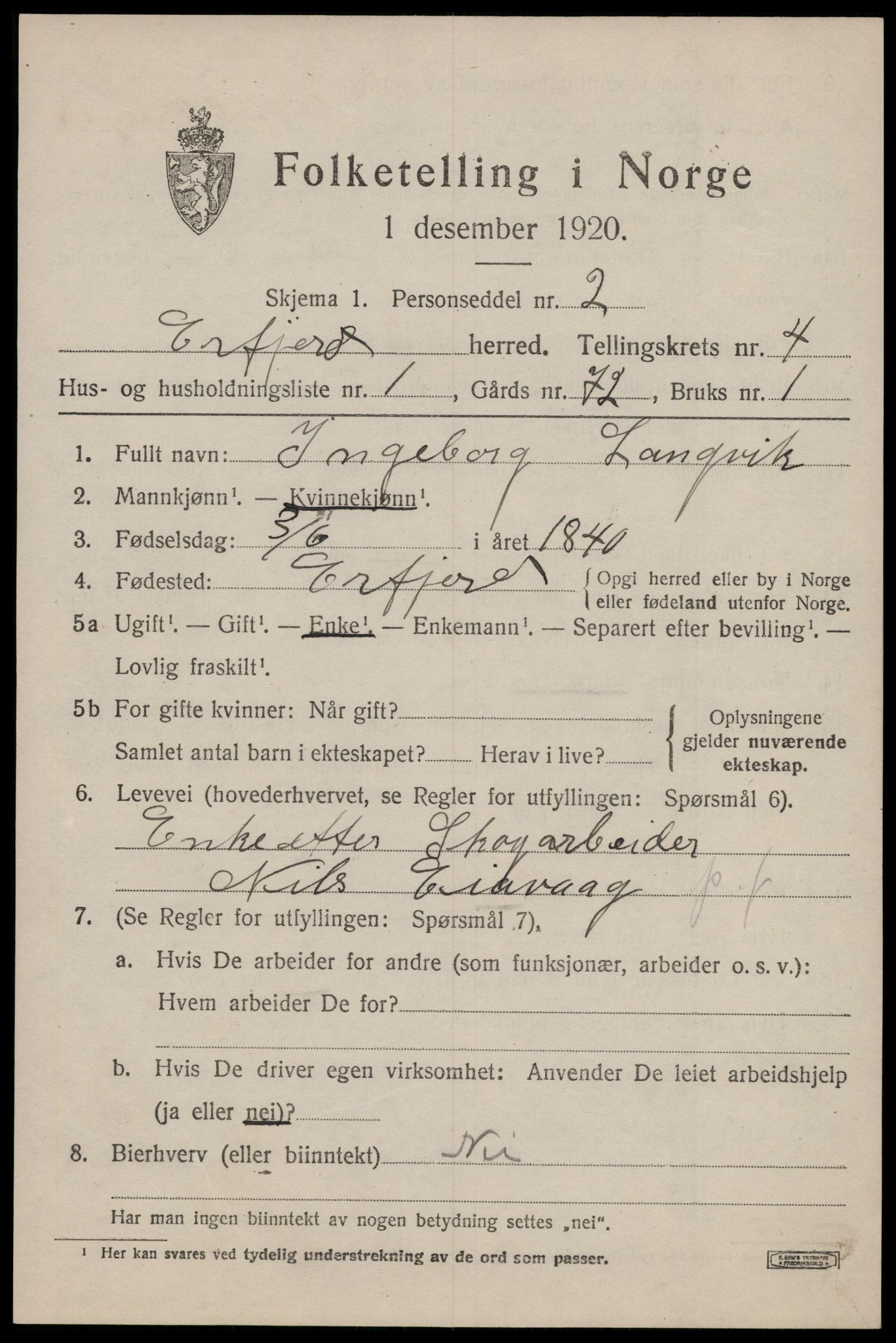 SAST, 1920 census for Erfjord, 1920, p. 1281