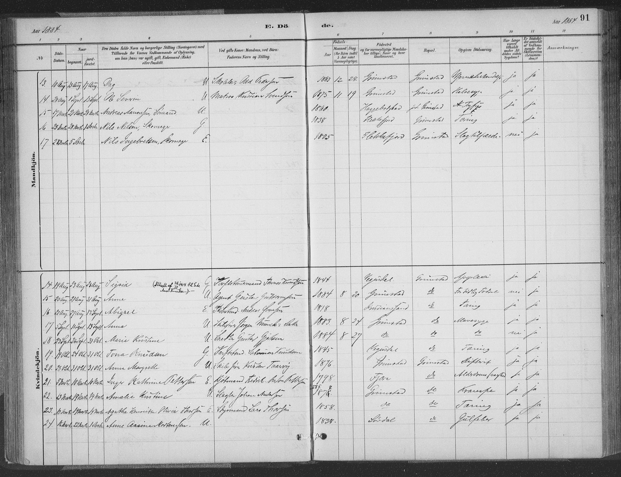 Grimstad sokneprestkontor, AV/SAK-1111-0017/F/Fa/L0004: Parish register (official) no. A 3, 1882-1910, p. 91