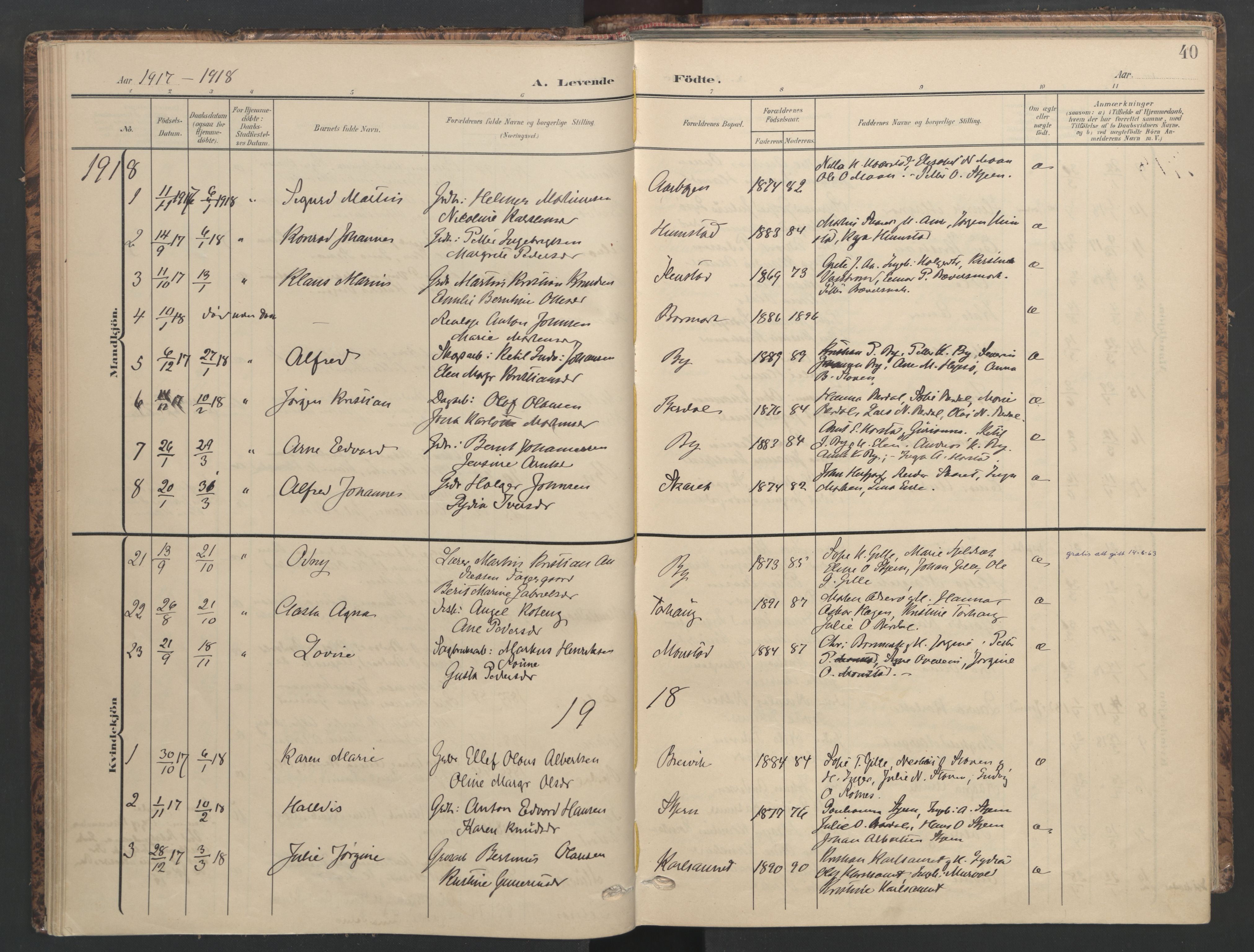 Ministerialprotokoller, klokkerbøker og fødselsregistre - Sør-Trøndelag, SAT/A-1456/655/L0682: Parish register (official) no. 655A11, 1908-1922, p. 40
