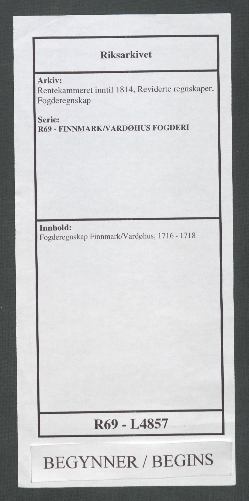 Rentekammeret inntil 1814, Reviderte regnskaper, Fogderegnskap, AV/RA-EA-4092/R69/L4857: Fogderegnskap Finnmark/Vardøhus, 1716-1718, p. 1