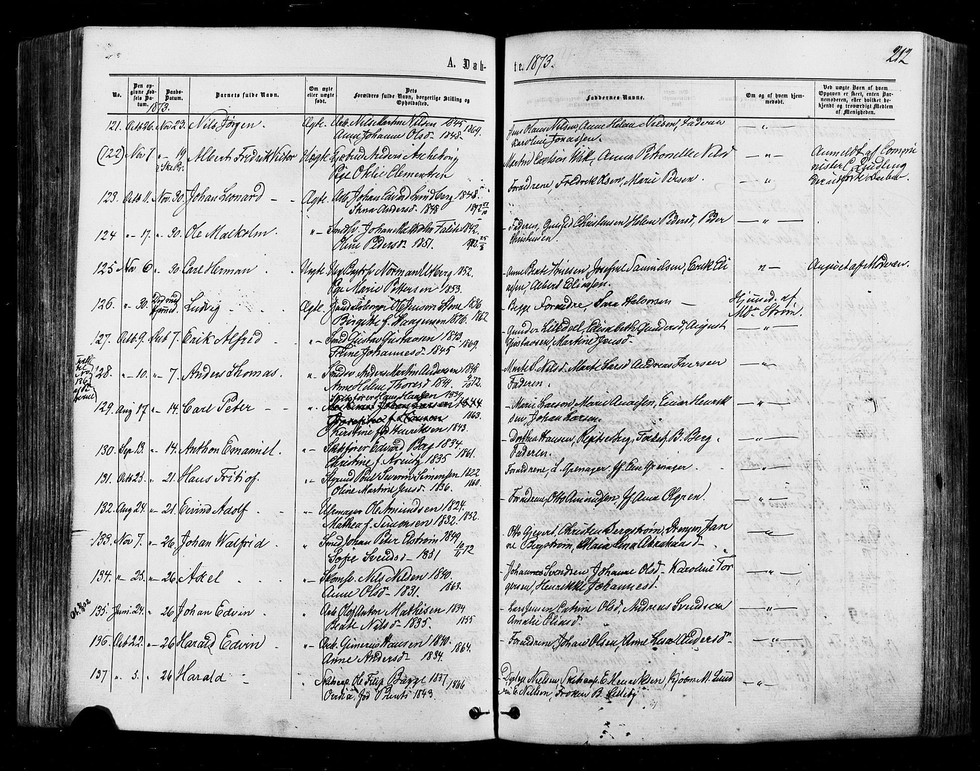 Halden prestekontor Kirkebøker, AV/SAO-A-10909/F/Fa/L0009: Parish register (official) no. I 9, 1866-1877, p. 212