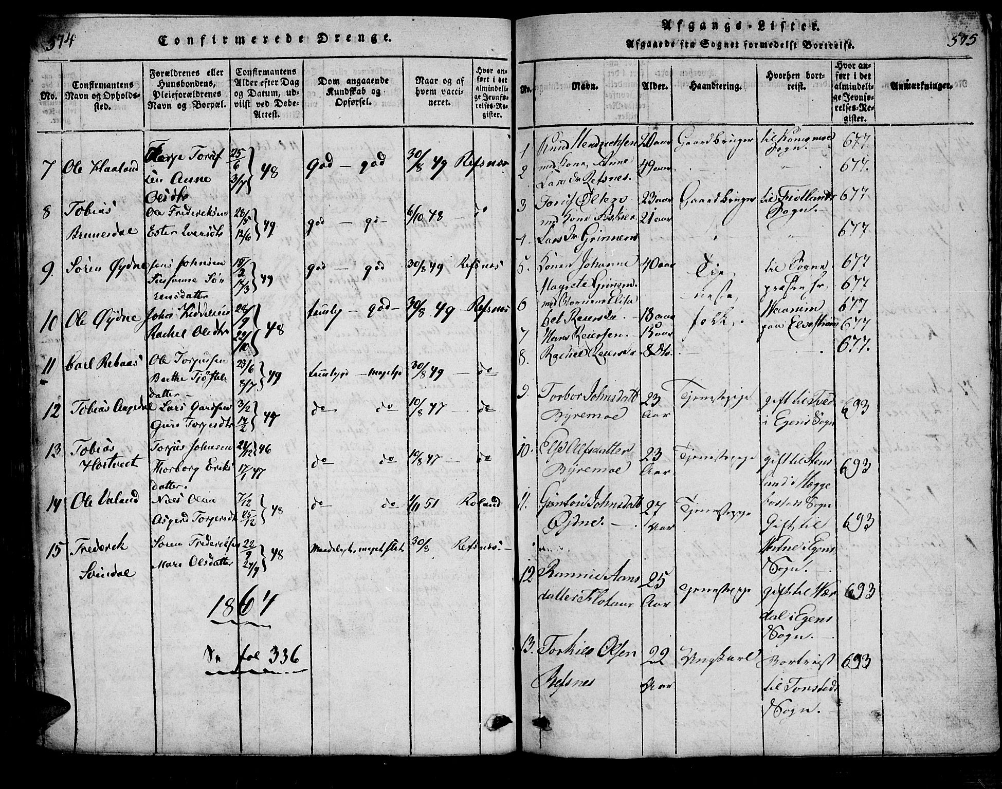 Bjelland sokneprestkontor, SAK/1111-0005/F/Fa/Fac/L0001: Parish register (official) no. A 1, 1815-1866, p. 574-575