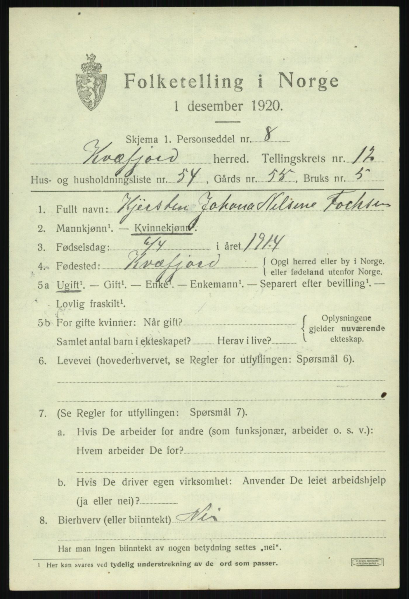 SATØ, 1920 census for Kvæfjord, 1920, p. 6305