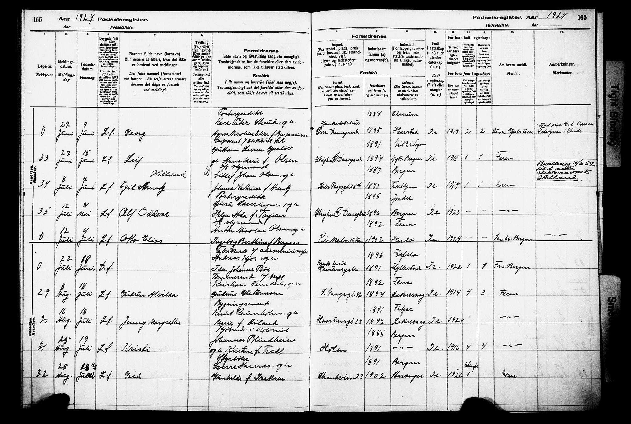 Laksevåg Sokneprestembete, AV/SAB-A-76501/I/Id/L00A1: Birth register no. A 1, 1916-1926, p. 165