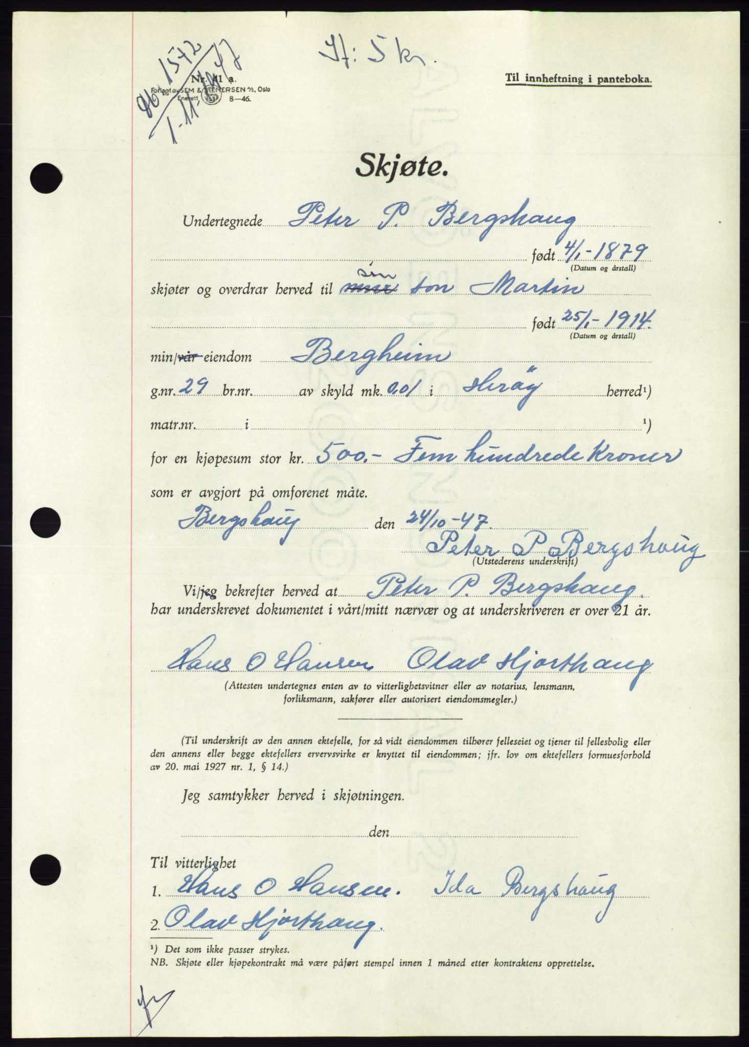 Søre Sunnmøre sorenskriveri, AV/SAT-A-4122/1/2/2C/L0081: Mortgage book no. 7A, 1947-1948, Diary no: : 1542/1947