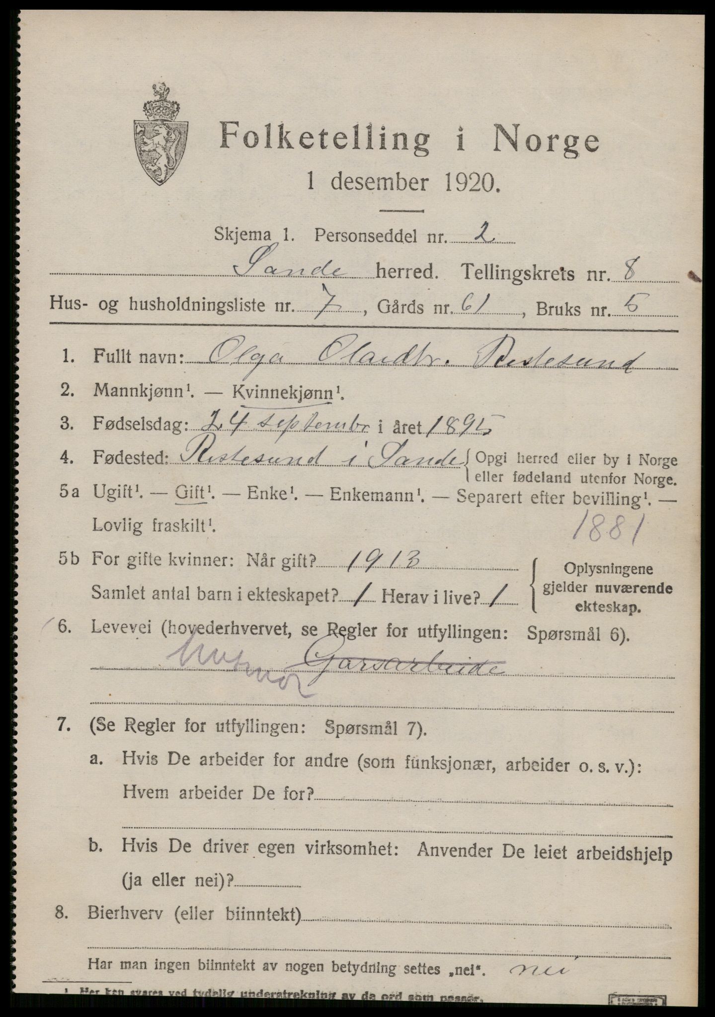 SAT, 1920 census for Sande (MR), 1920, p. 4890