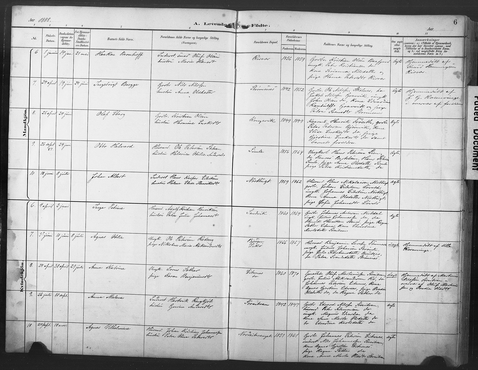 Ministerialprotokoller, klokkerbøker og fødselsregistre - Nord-Trøndelag, AV/SAT-A-1458/789/L0706: Parish register (copy) no. 789C01, 1888-1931, p. 6