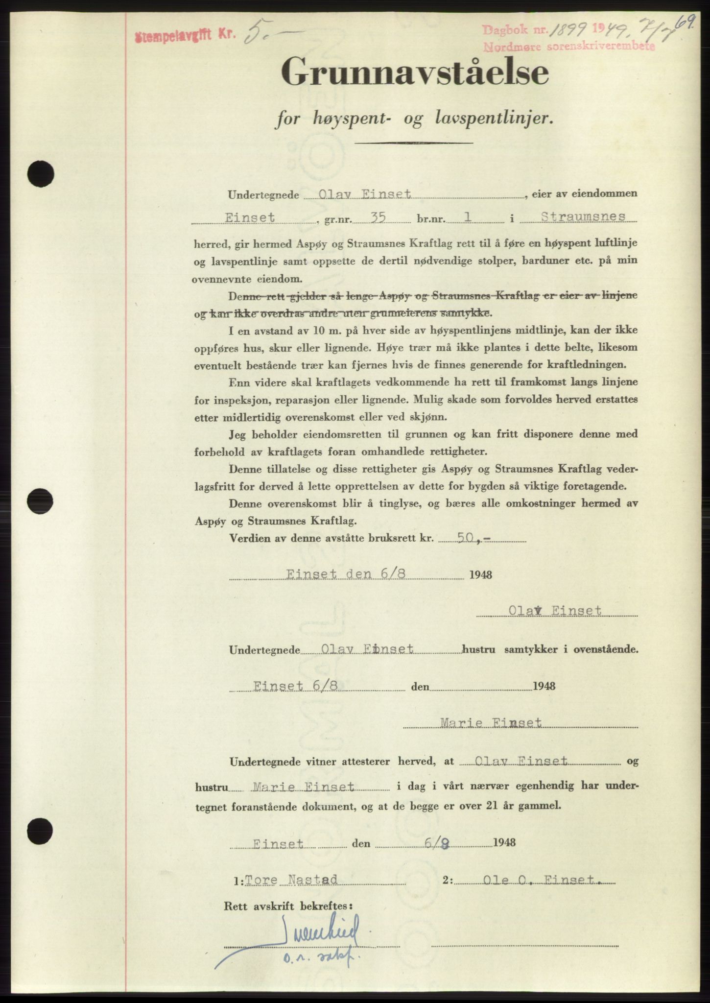 Nordmøre sorenskriveri, AV/SAT-A-4132/1/2/2Ca: Mortgage book no. B102, 1949-1949, Diary no: : 1899/1949