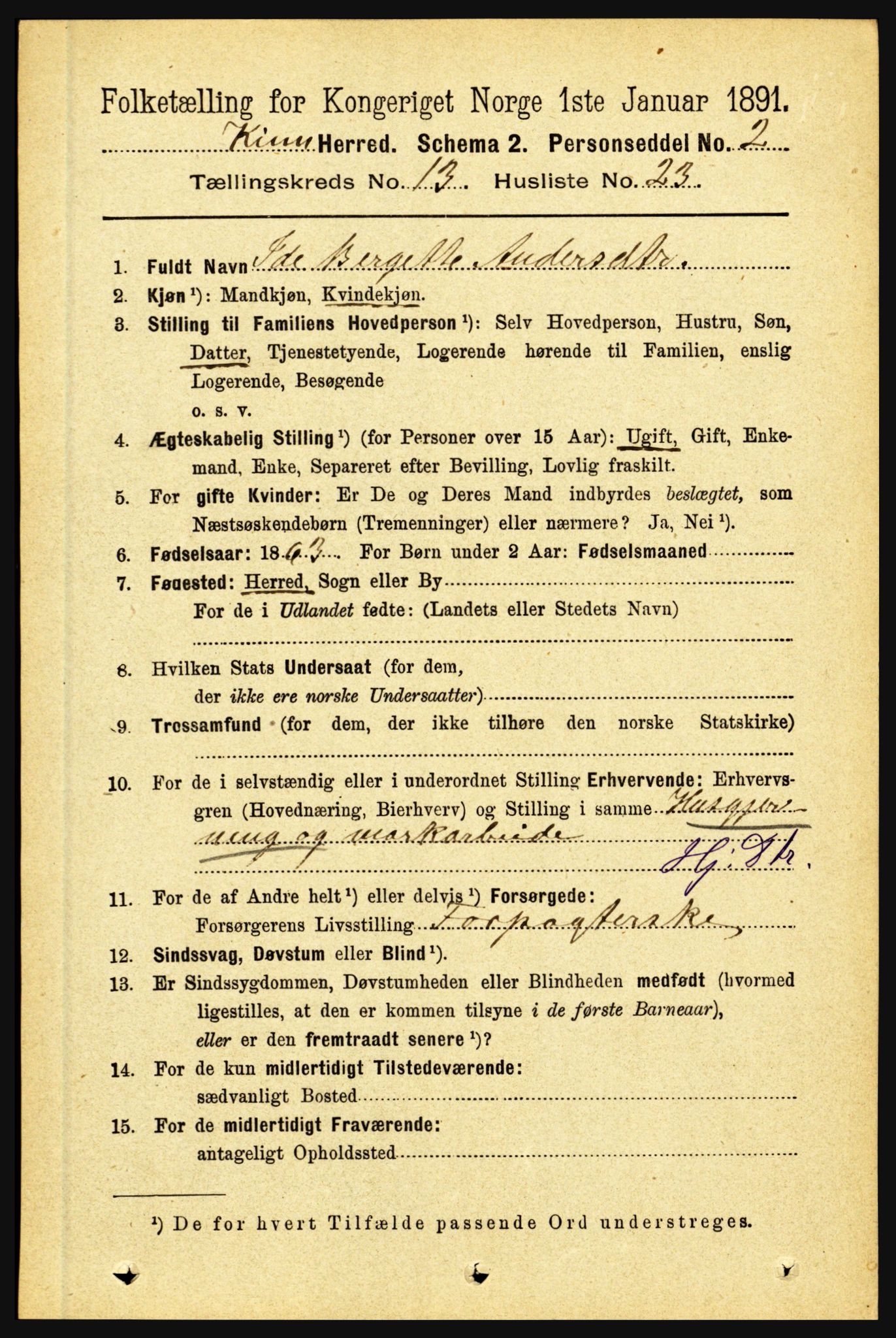 RA, 1891 census for 1437 Kinn, 1891, p. 5223