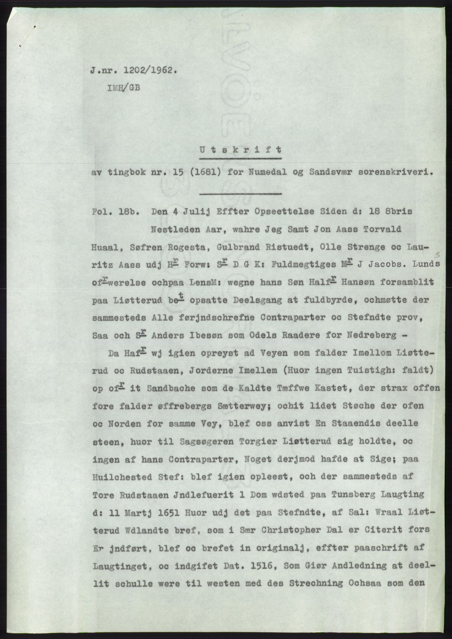 Statsarkivet i Kongsberg, AV/SAKO-A-0001/E/Ee/L0026: Avskrifter, SAO jnr. 1202/1962 - 1750/1962, 1962, p. 2
