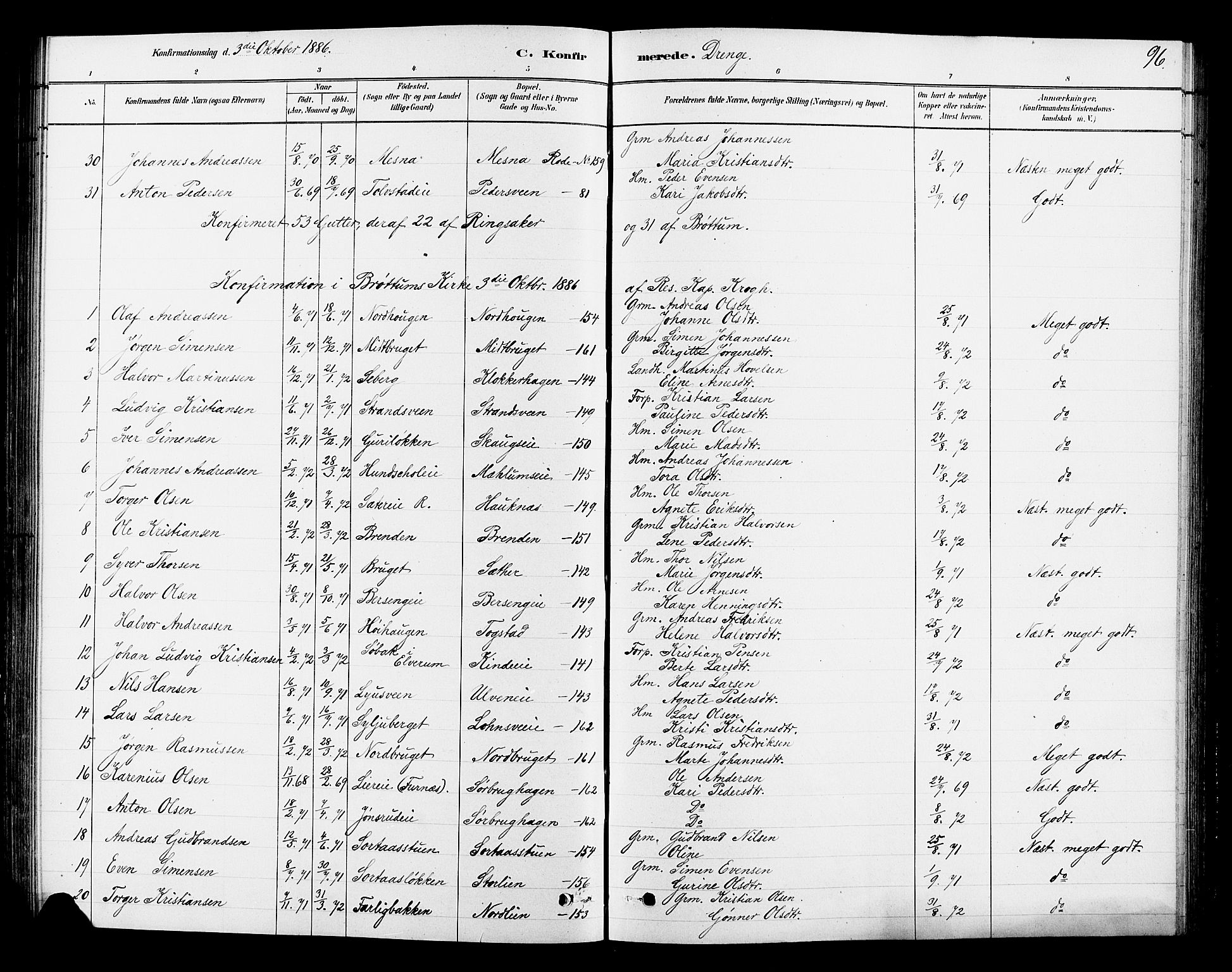 Ringsaker prestekontor, AV/SAH-PREST-014/L/La/L0010: Parish register (copy) no. 10, 1879-1890, p. 96