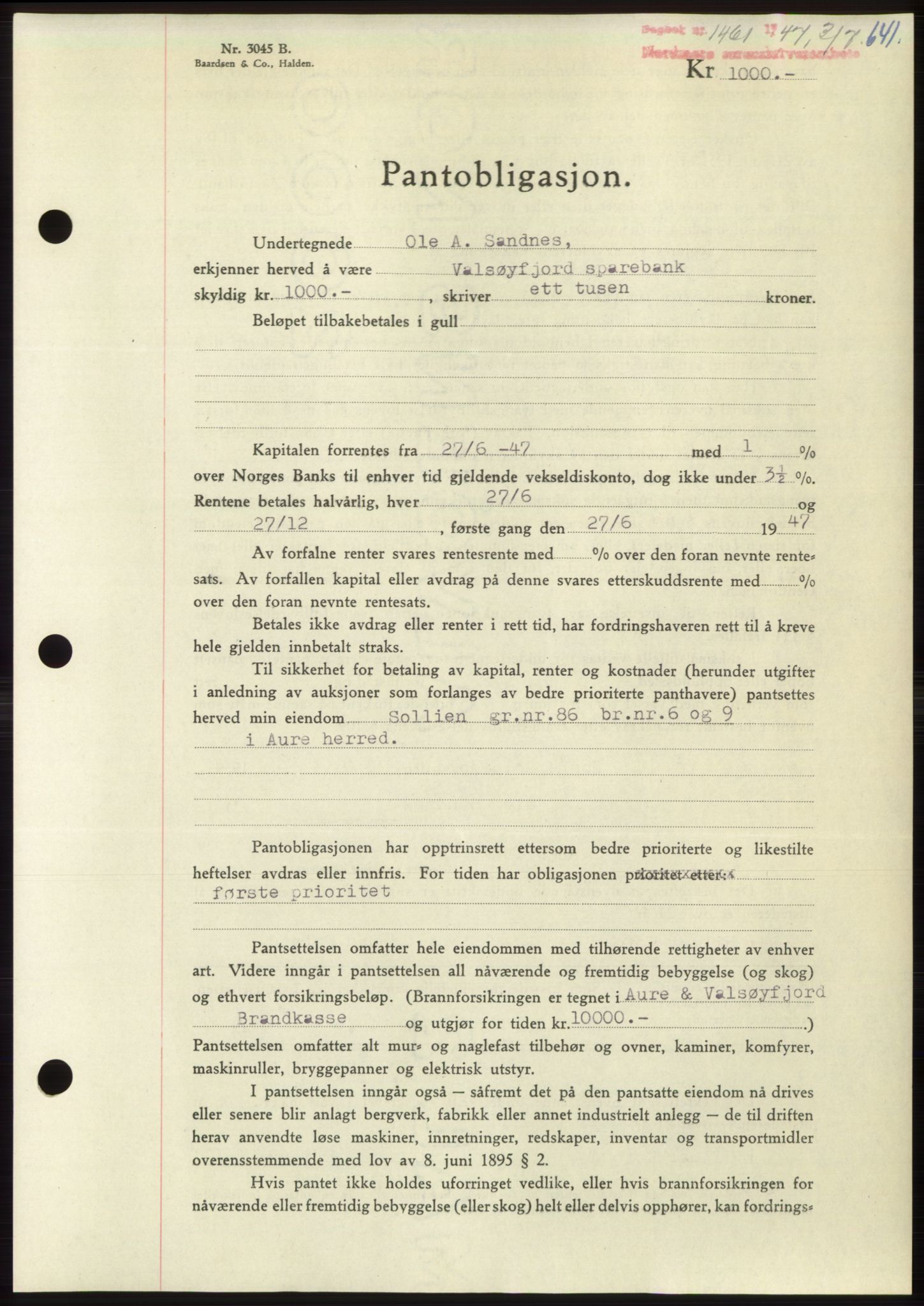 Nordmøre sorenskriveri, AV/SAT-A-4132/1/2/2Ca: Mortgage book no. B96, 1947-1947, Diary no: : 1461/1947