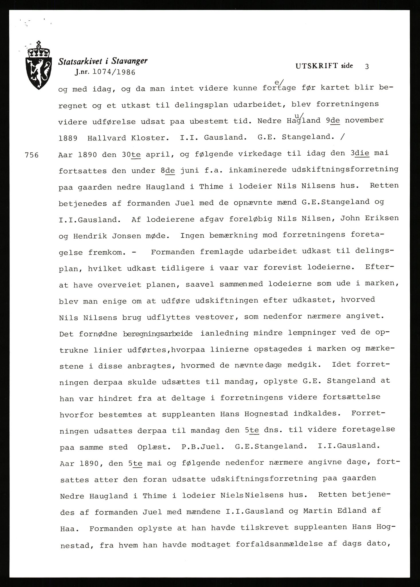 Statsarkivet i Stavanger, AV/SAST-A-101971/03/Y/Yj/L0032: Avskrifter sortert etter gårdsnavn: Hauge øvre - Hausken, 1750-1930, p. 287