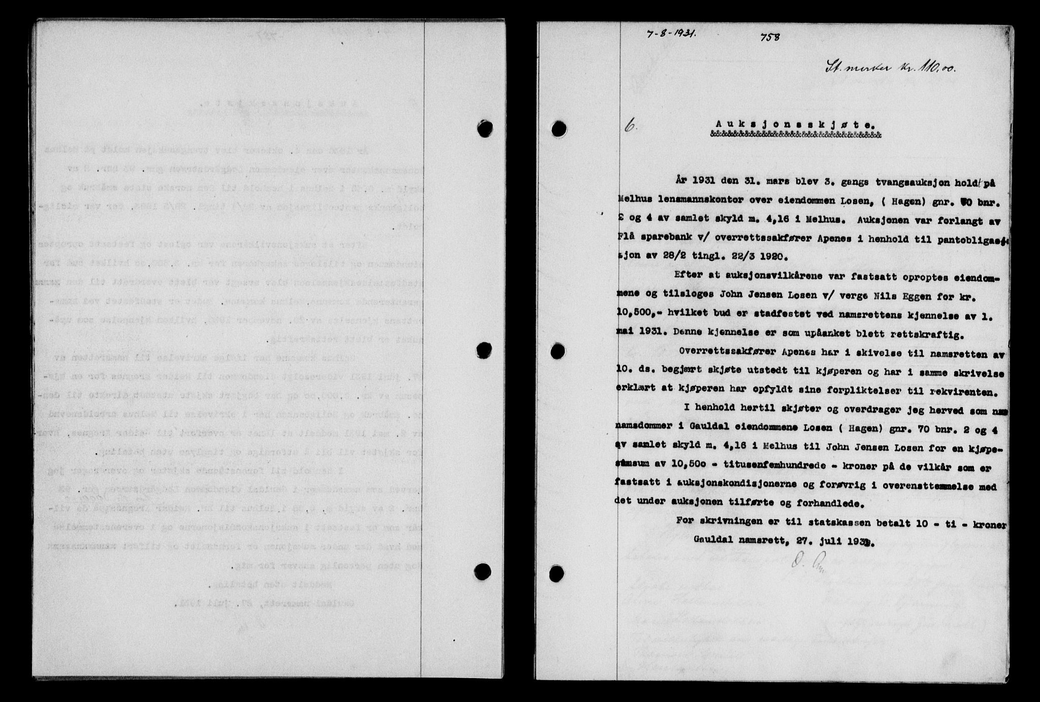 Gauldal sorenskriveri, SAT/A-0014/1/2/2C/L0041: Mortgage book no. 42-43, 1930-1931, Deed date: 07.08.1931