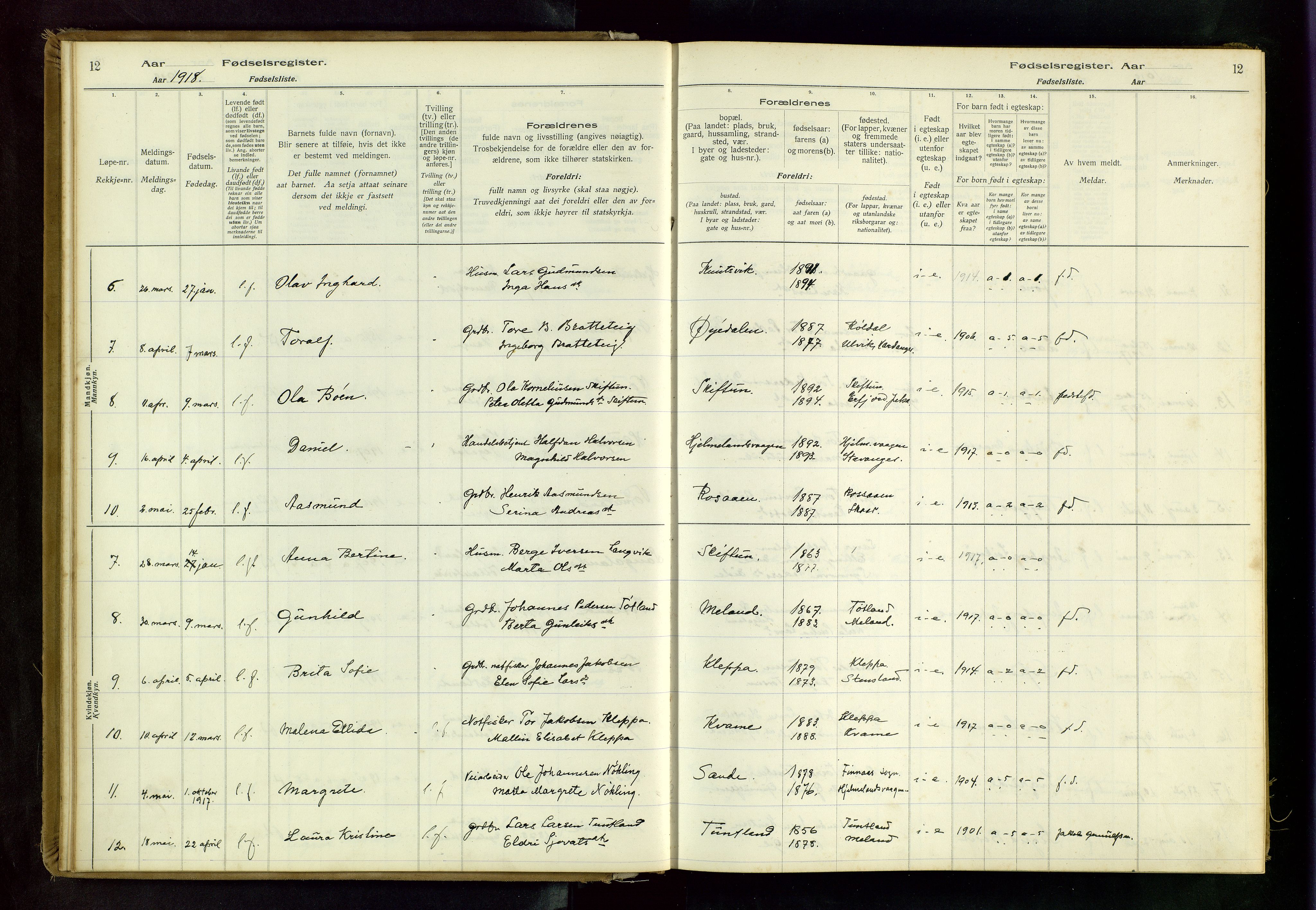 Hjelmeland sokneprestkontor, AV/SAST-A-101843/02/B/L0001: Birth register no. 1, 1916-1963, p. 12