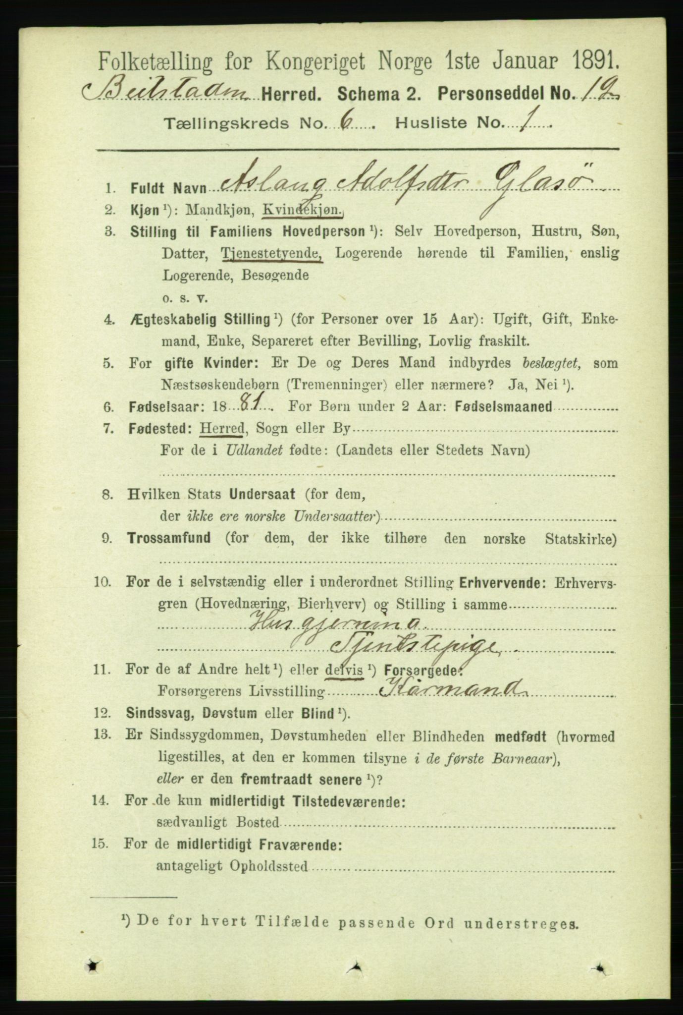 RA, 1891 census for 1727 Beitstad, 1891, p. 1536