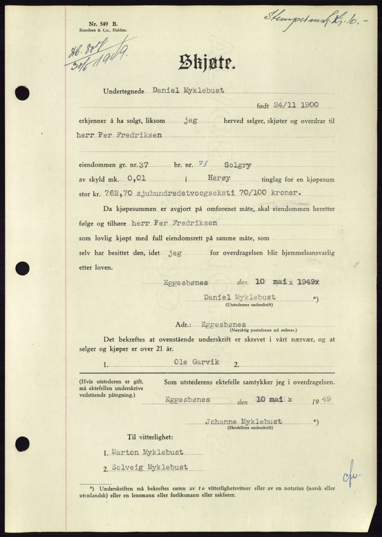 Søre Sunnmøre sorenskriveri, AV/SAT-A-4122/1/2/2C/L0084: Mortgage book no. 10A, 1949-1949, Diary no: : 807/1949