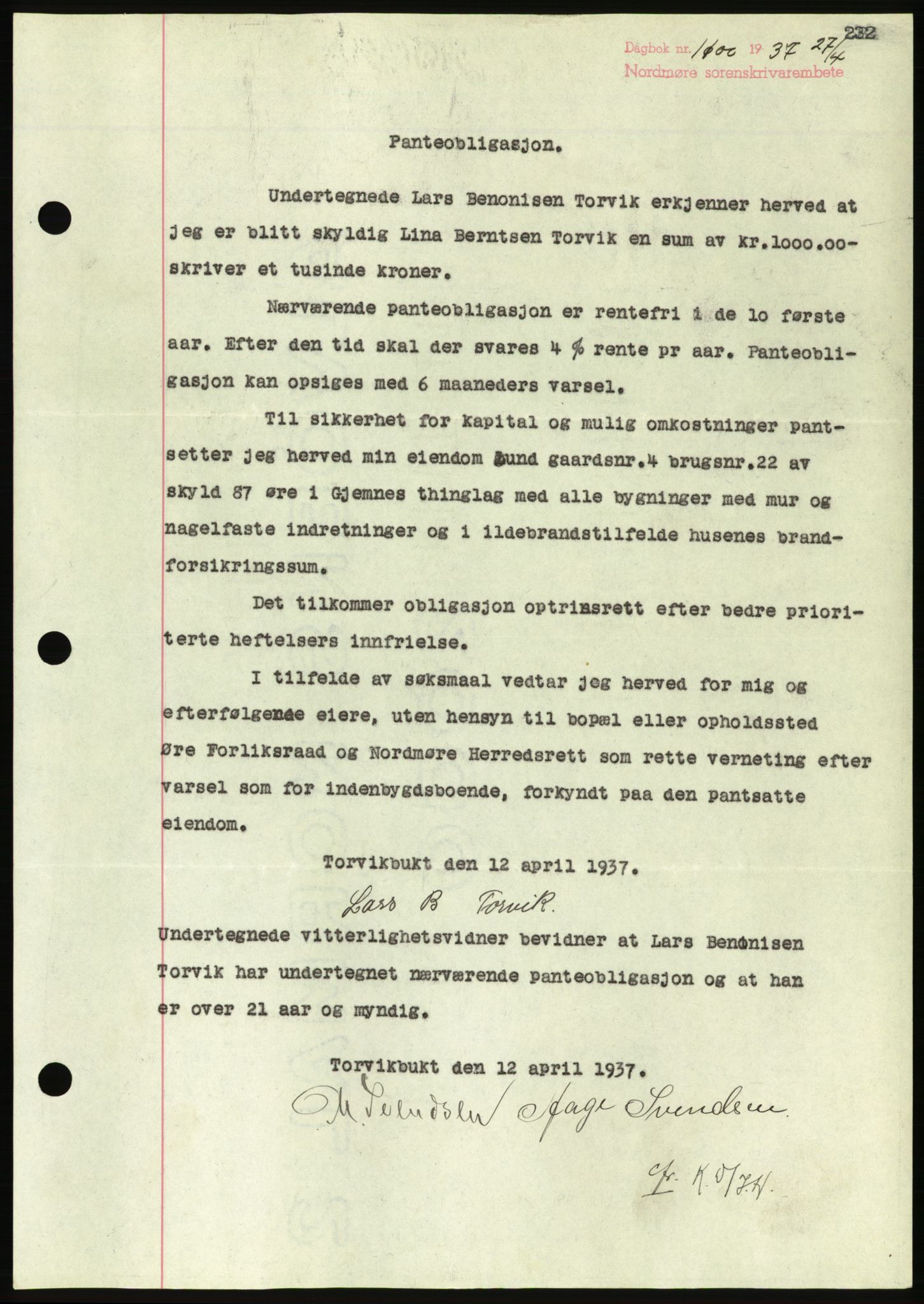 Nordmøre sorenskriveri, AV/SAT-A-4132/1/2/2Ca/L0091: Mortgage book no. B81, 1937-1937, Diary no: : 1100/1937