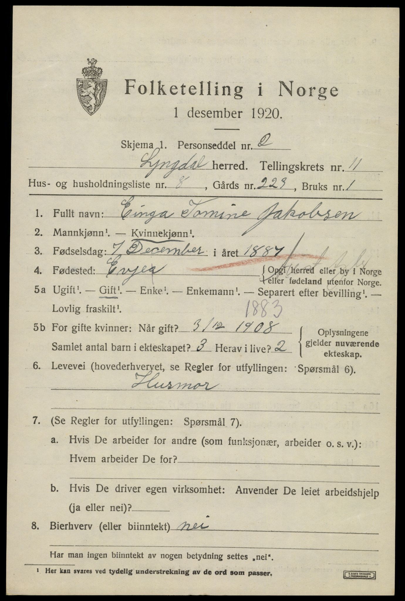 SAK, 1920 census for Lyngdal, 1920, p. 5353