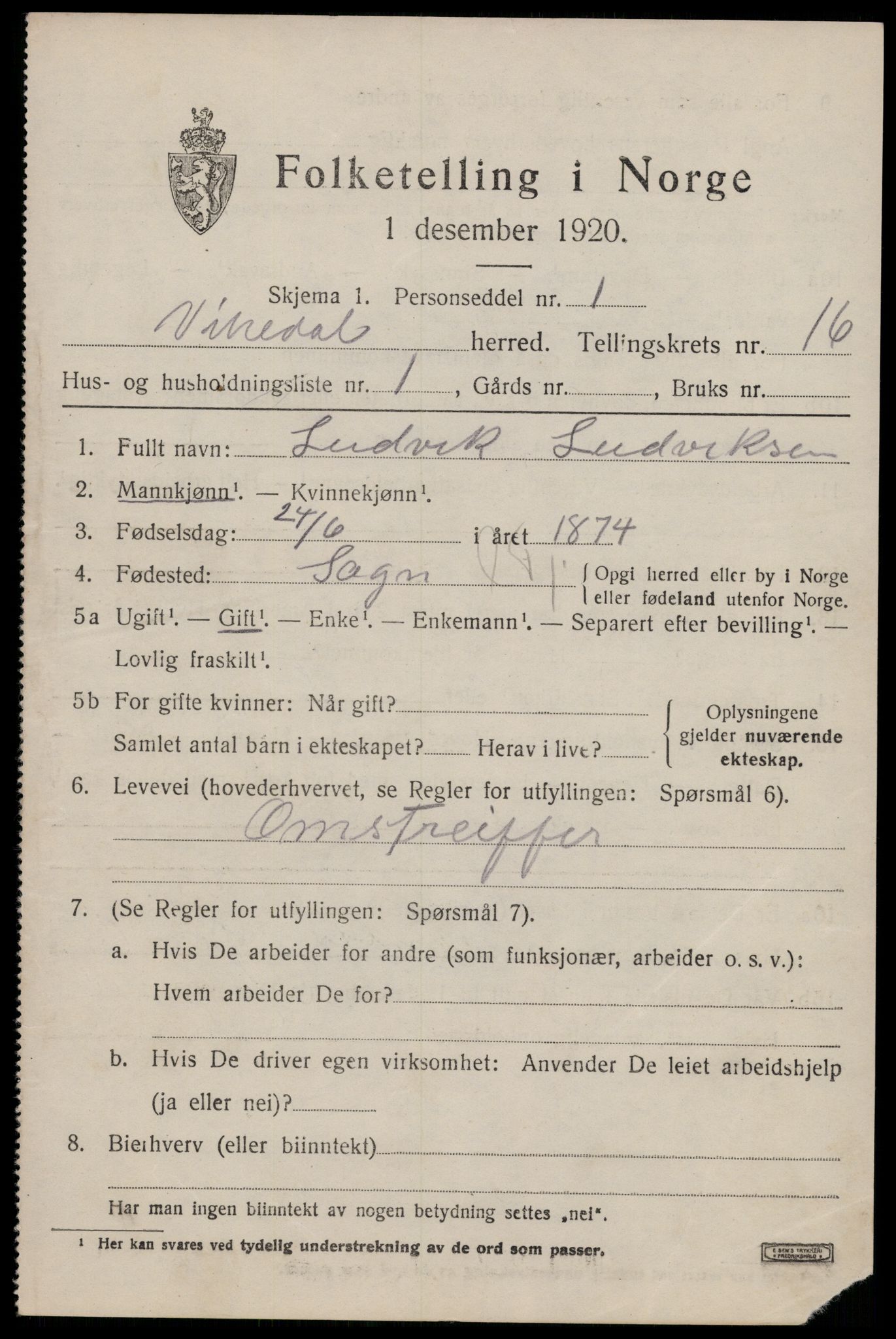 SAST, 1920 census for Vikedal, 1920, p. 4783