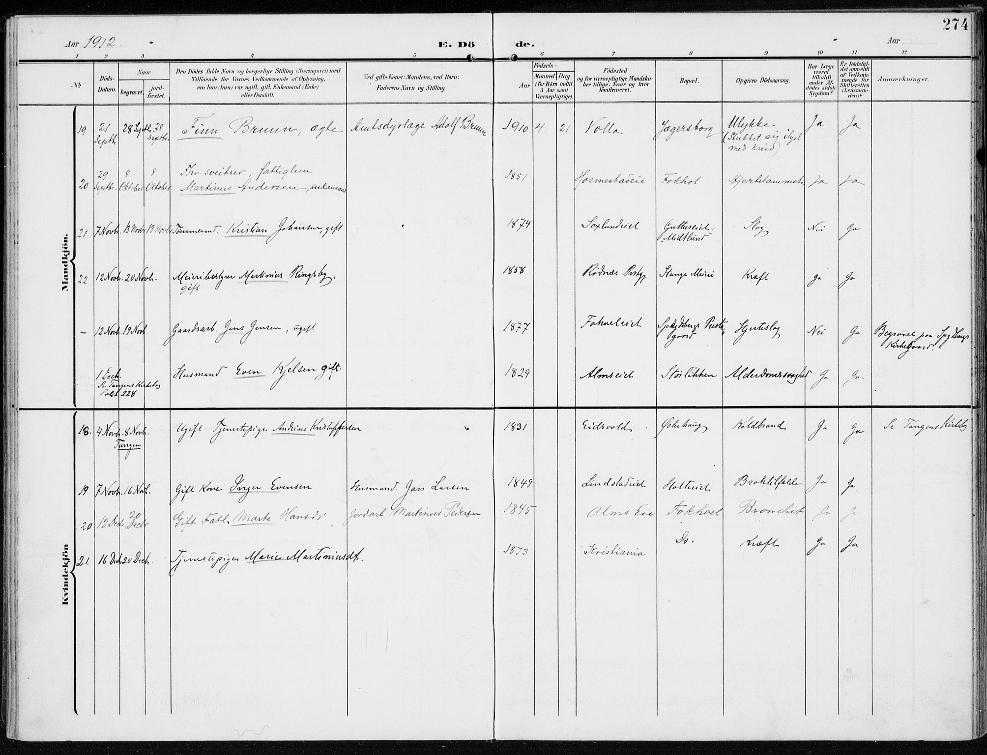 Stange prestekontor, AV/SAH-PREST-002/K/L0024: Parish register (official) no. 24, 1906-1922, p. 274