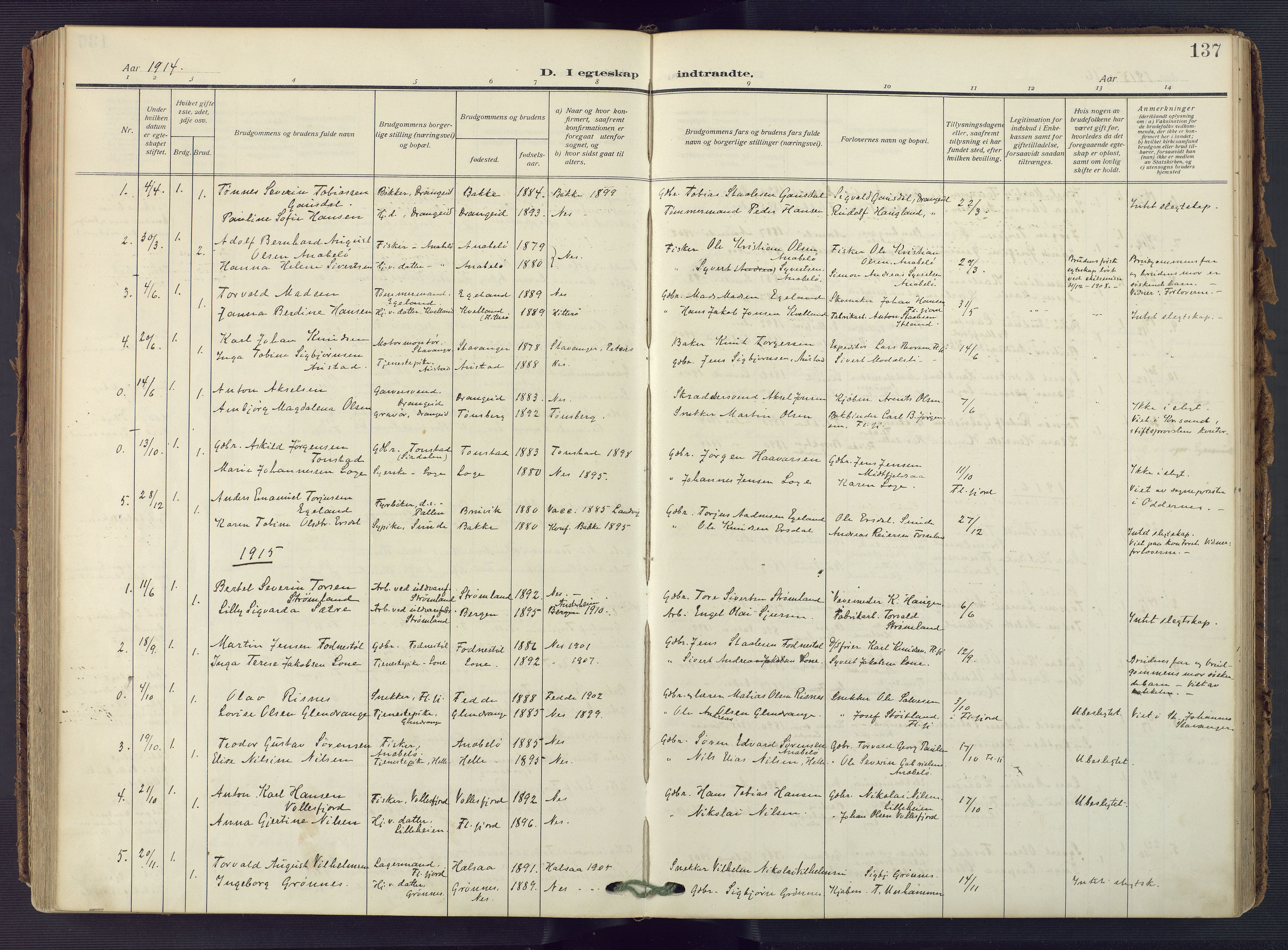 Flekkefjord sokneprestkontor, AV/SAK-1111-0012/F/Fa/Fac/L0010: Parish register (official) no. A 10, 1910-1927, p. 137