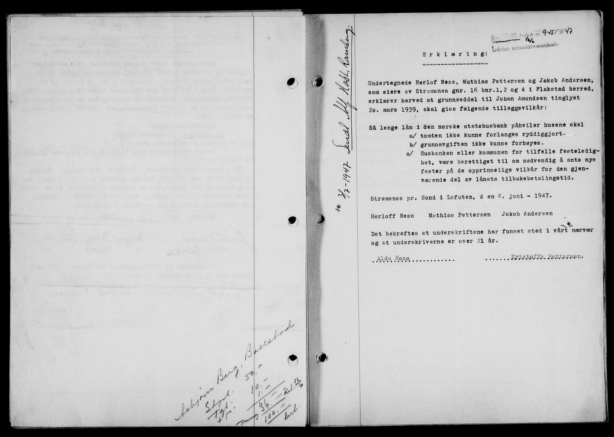 Lofoten sorenskriveri, SAT/A-0017/1/2/2C/L0016a: Mortgage book no. 16a, 1947-1947, Diary no: : 945/1947