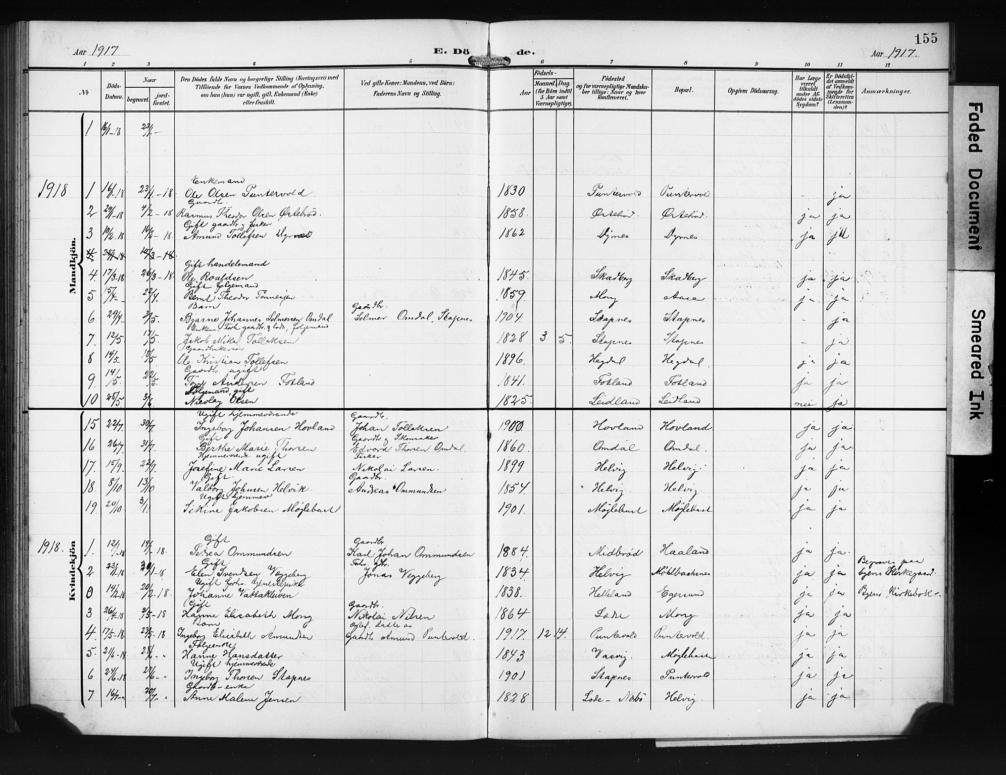Eigersund sokneprestkontor, SAST/A-101807/S09/L0011: Parish register (copy) no. B 11, 1908-1930, p. 155
