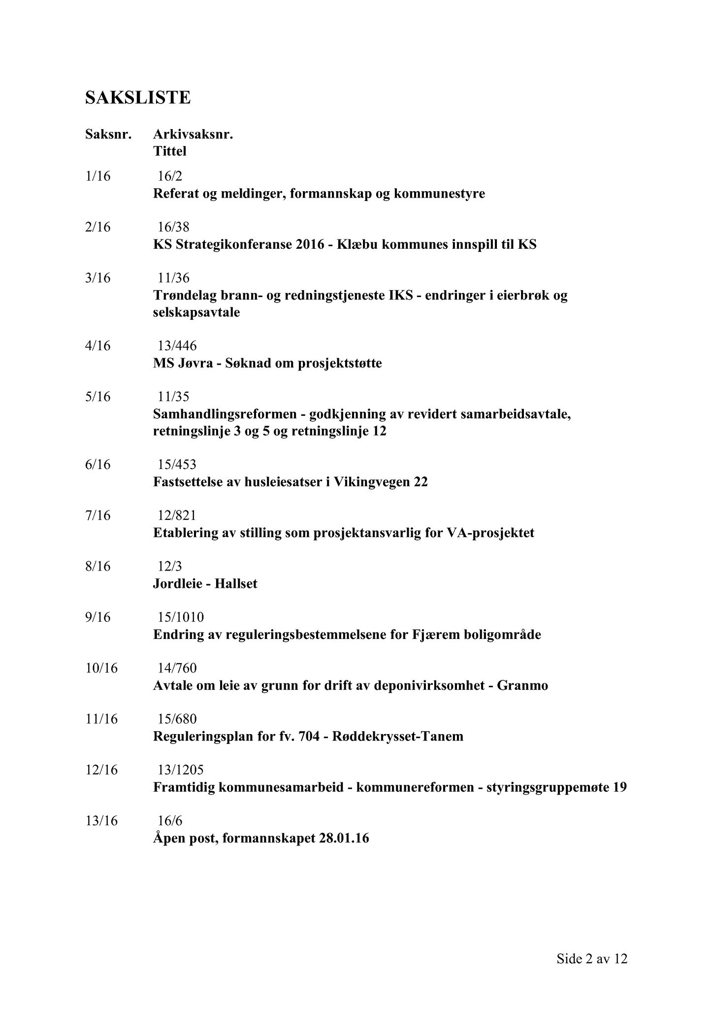 Klæbu Kommune, TRKO/KK/02-FS/L009: Formannsskapet - Møtedokumenter, 2016, p. 3