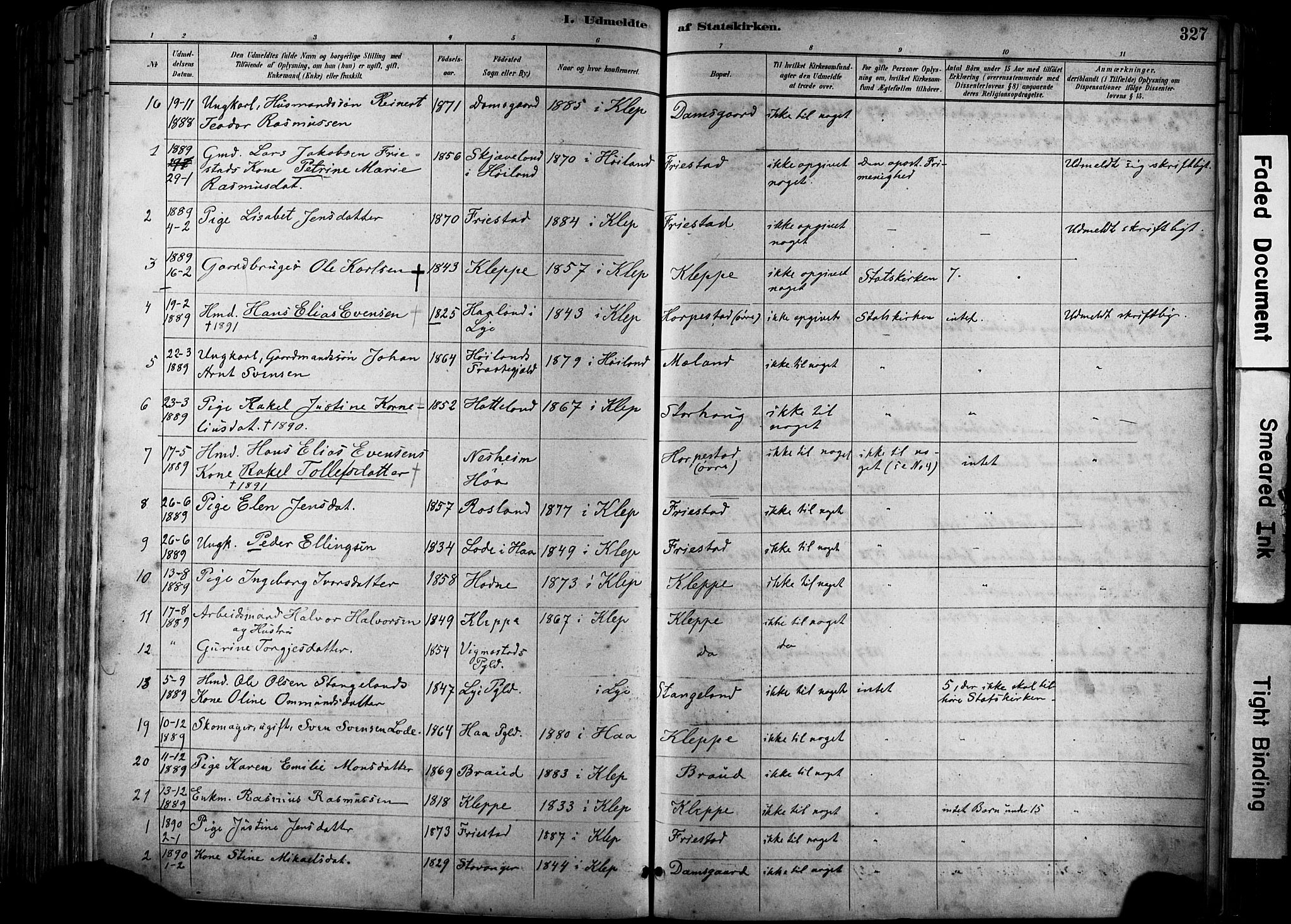 Klepp sokneprestkontor, SAST/A-101803/001/3/30BA/L0009: Parish register (official) no. A 7, 1886-1915, p. 327