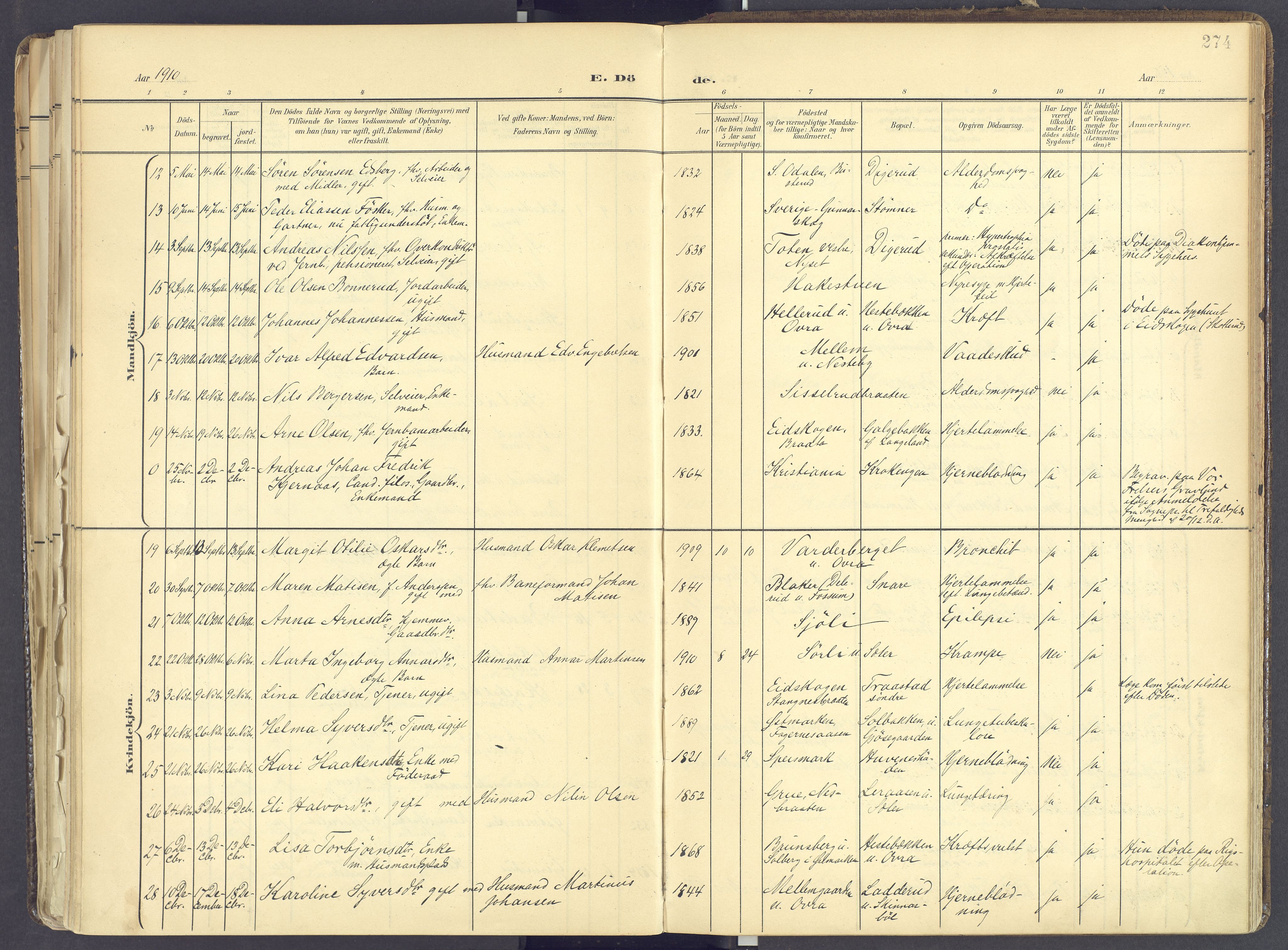 Vinger prestekontor, AV/SAH-PREST-024/H/Ha/Haa/L0017: Parish register (official) no. 17, 1901-1927, p. 274